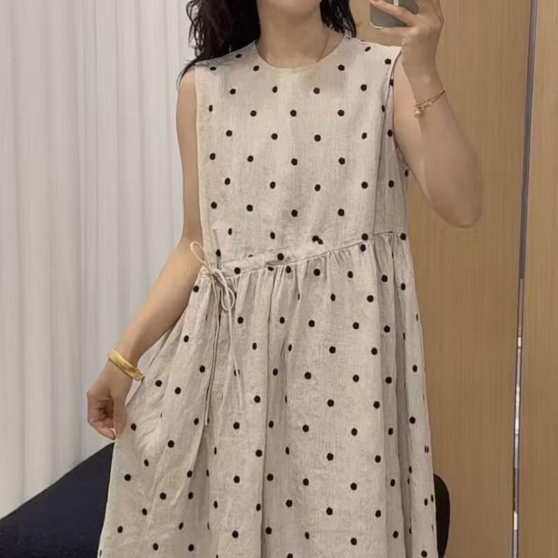 ワンピース レディース 春夏 ロング マキシ丈 ノースリーブ ドット柄 水玉 リネン 麻 Ａライン 丸首 ゆったり 体型カバー カジュアル レトロ｜bloomelier