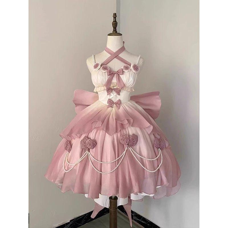 ワンピース レディース ロリータ 甘ロリ 甘め プリンセス ドレス グラデーション ピンク ノースリーブ 膝丈 前短後長 パニエ付き かわいい フェミニン パーティー イベント｜bloomelier