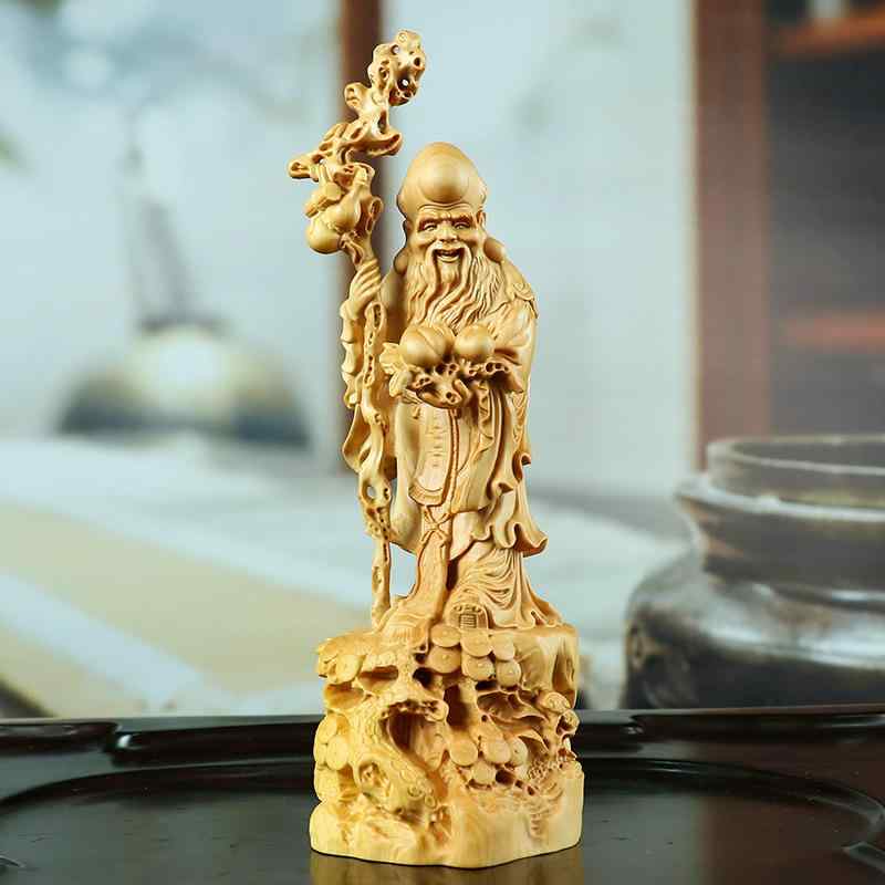 置物 木彫り ツゲ 寿老人 七福神 縁起物 長寿 お祝い 敬老の日 和風 オブジェ 木製工芸品｜bloomelier