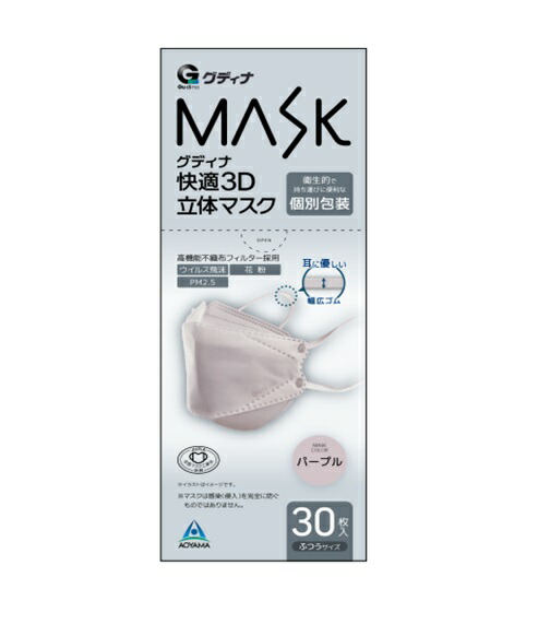 グディナ 快適3D立体マスク 個包装 パープル ふつうサイズ 30枚入×10個セット 立体型マスク