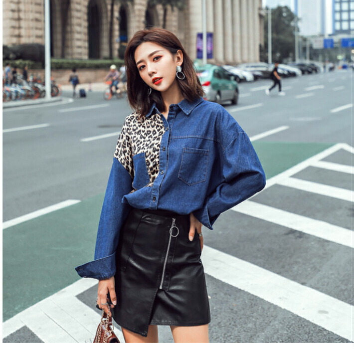 1074円 返品送料無料 デニムシャツ レディース レオパード おしゃれ 切り替え ヒョウ柄 デニムブラウス デニム トップス 長袖 シャツ ウエスタン ポケット