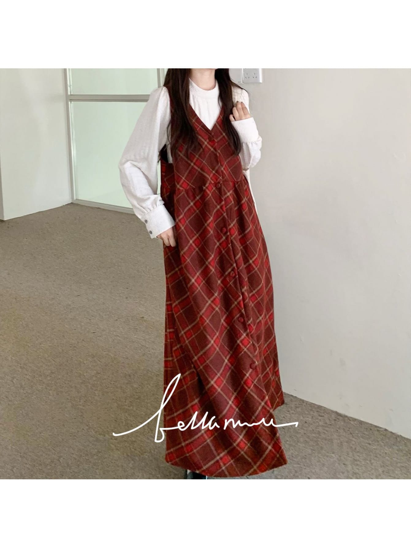 【チェック柄】ワンピース ジャンパースカート レディース ロング丈 Vネック ノースリーブ 赤 チェック レトロ クラシック 重ね着 秋冬 厚手 痩せ見え きれいめ