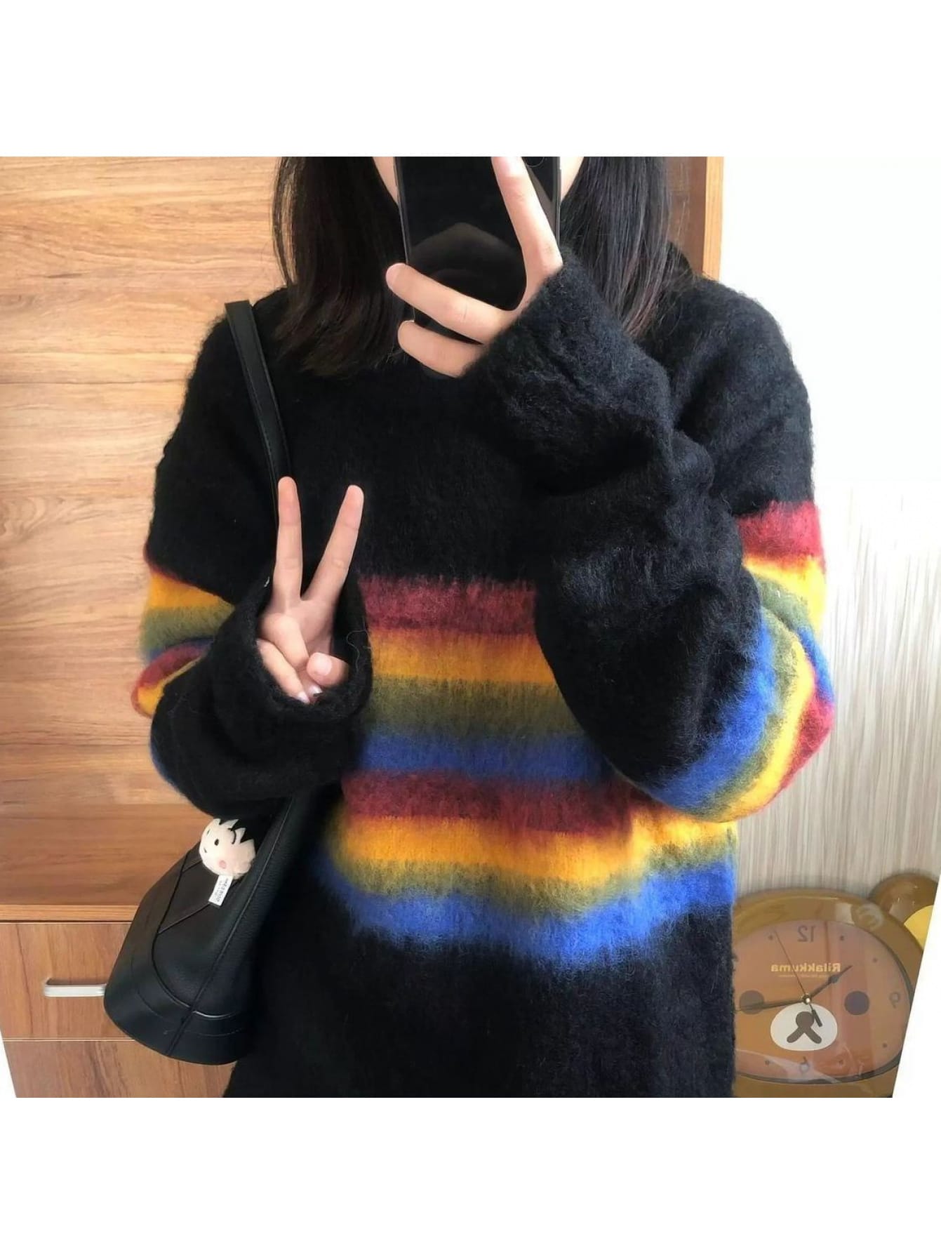 【大人可愛い】ニット セーター レディース 秋冬 ボーダー レインボー マルチカラー 配色 クルーネック 丸首 ゆったり ゆるニット トップス 針抜き プルオーバー カジュアル 派手カワ