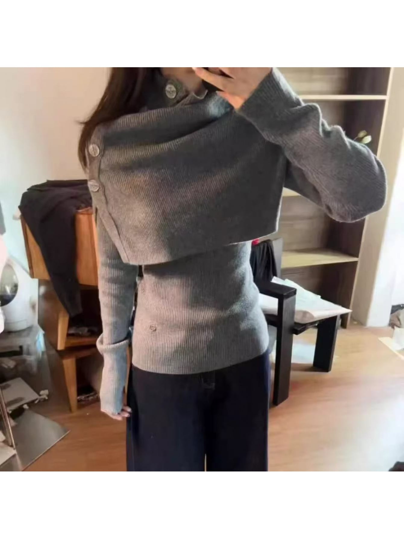 【2点セット】ニット セーター レディース スヌード付き マフラーセット ハイネック トップス 長袖 リブニット タイト スリム 細見え 上品 きれいめ 2025 秋冬 無地 インナー 重ね着