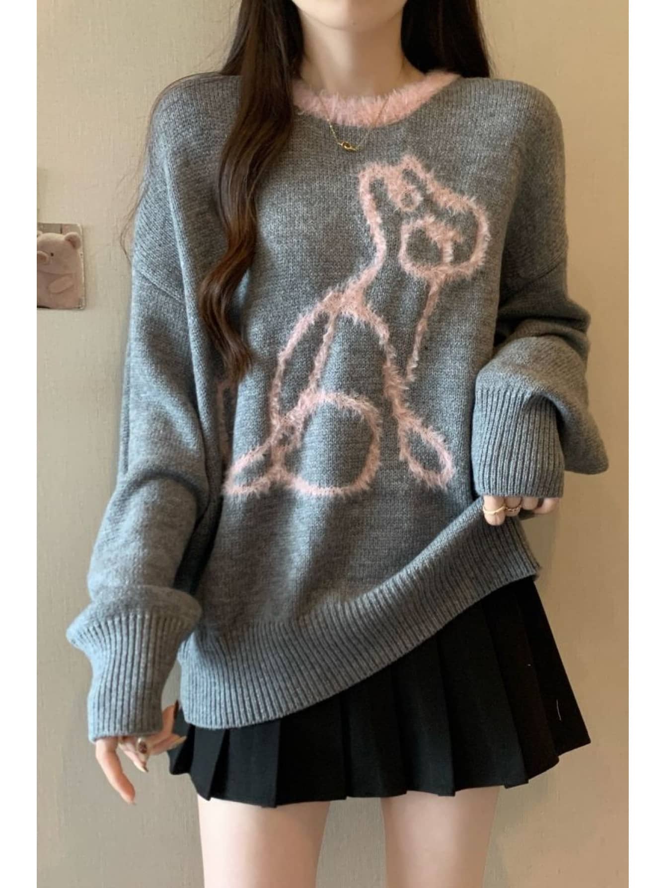 【大きいサイズ】ニット セーター レディース ゆるニット クルーネック 配色 切り替え トップス 体型カバー ぽっちゃり 秋 冬 暖かい 防寒 柔らかい カジュアル グレー 大人可愛い