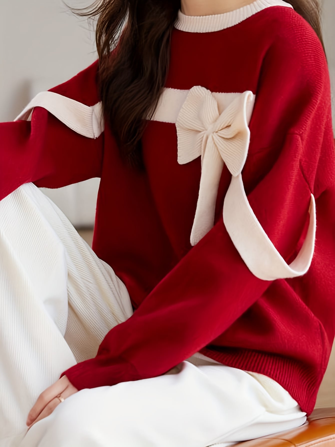 【クリスマス/リボン】セーター レディース ニット トップス 赤 リボン付き フェミニン エレガント パーティー 秋冬 お呼ばれ