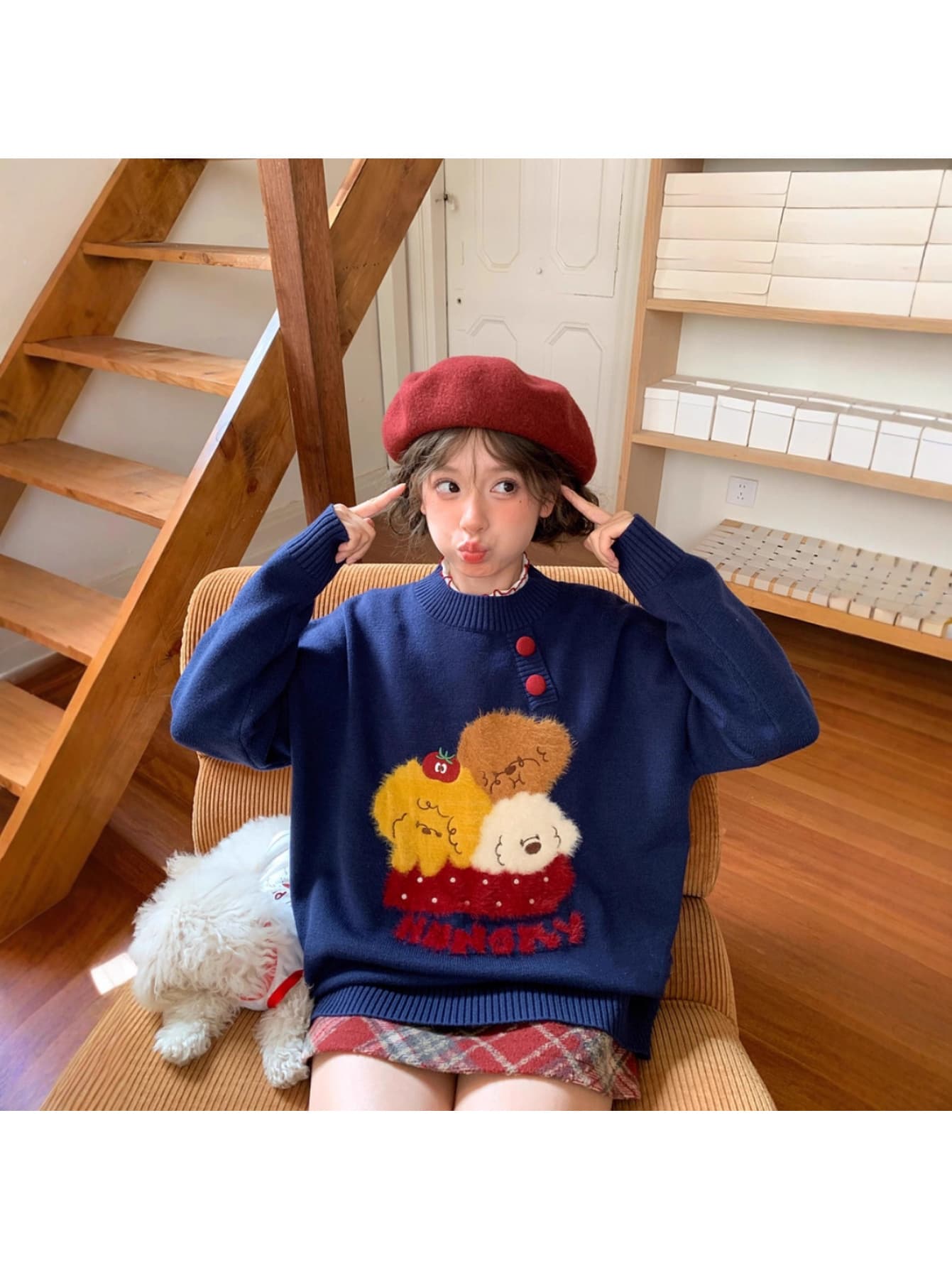 【犬刺繍】セーター レディース ニット トップス クルーネック ワンポイント 刺繍 ボタン付き ゆるシルエット 秋冬 可愛い カジュアル プルオーバー