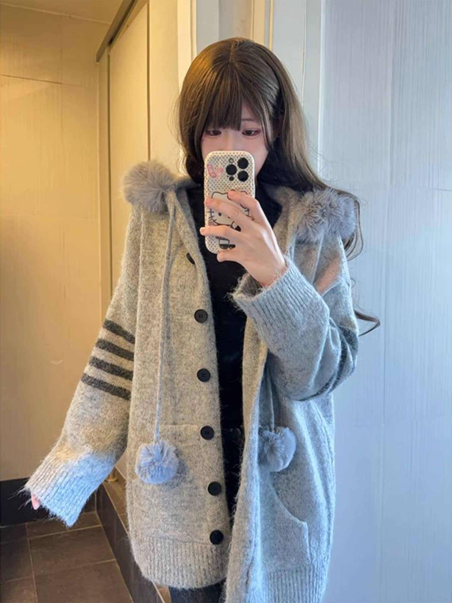 【フード付き】ニットコート ロングカーディガン ボーダー柄 レディース フェイクファー 厚手 暖か コーディガン 羽織り ゆるシルエット 秋冬