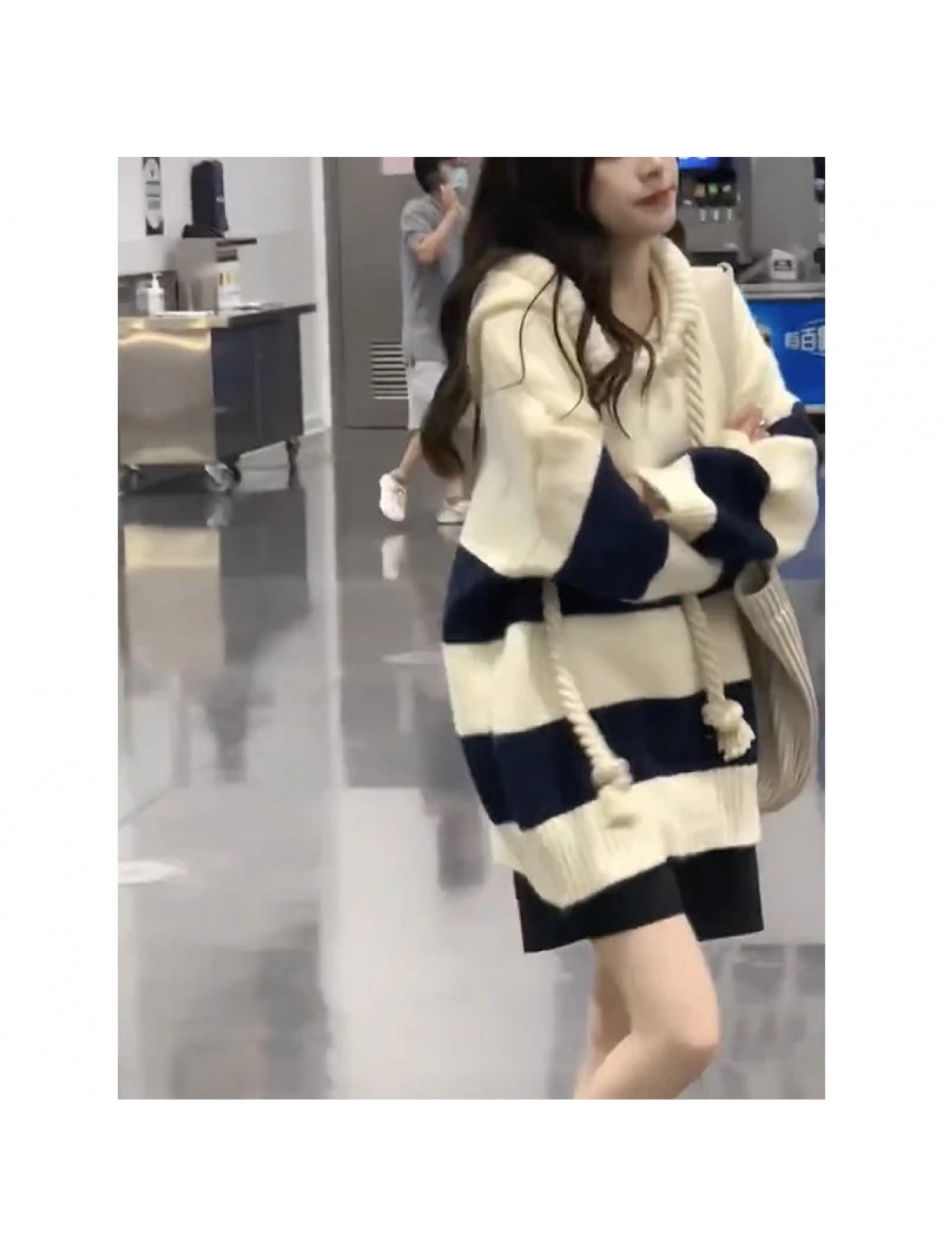 【チュニック丈】フード付き ボーダー ニット セーター レディース ロング丈 体型カバー お尻が隠れる 厚手 プルオーバー 小柄 秋冬