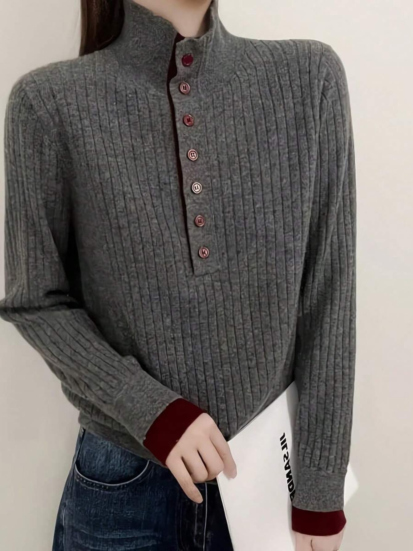 【オフィスカジュアル】配色 ニット トップス レディース ボタン付き リブニット セーター 長袖 伸縮性 ストレッチ 柔らか ボルドー きれいめ 上品 秋冬 普段着 通勤服