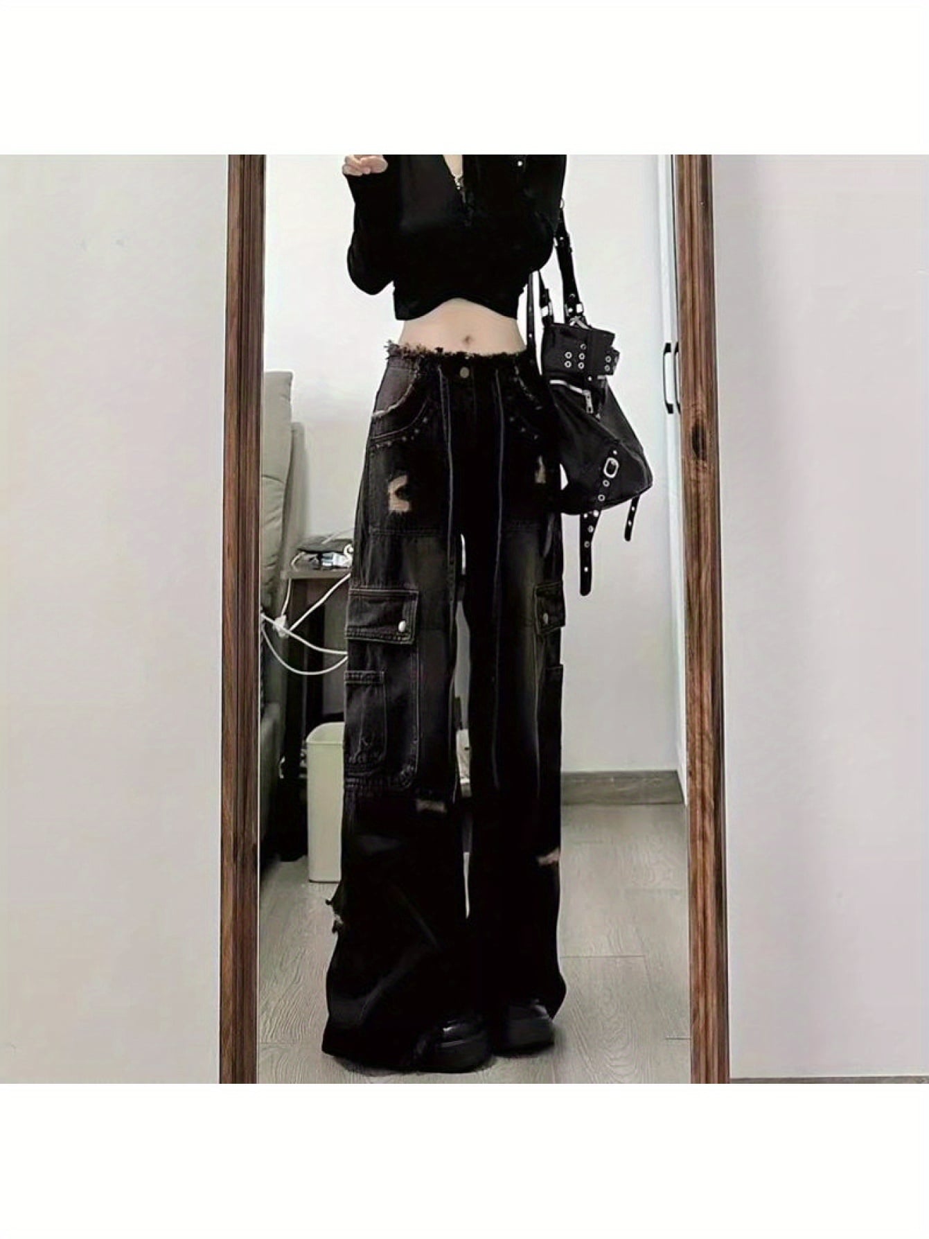 【新作】デニム カーゴパンツ レディース ジーンズ 切りっぱなし フリンジ ハイウエスト ワイドパンツ ワークパンツ ストレート ロング丈 レトロ ストリート カジュアル ボトムス
