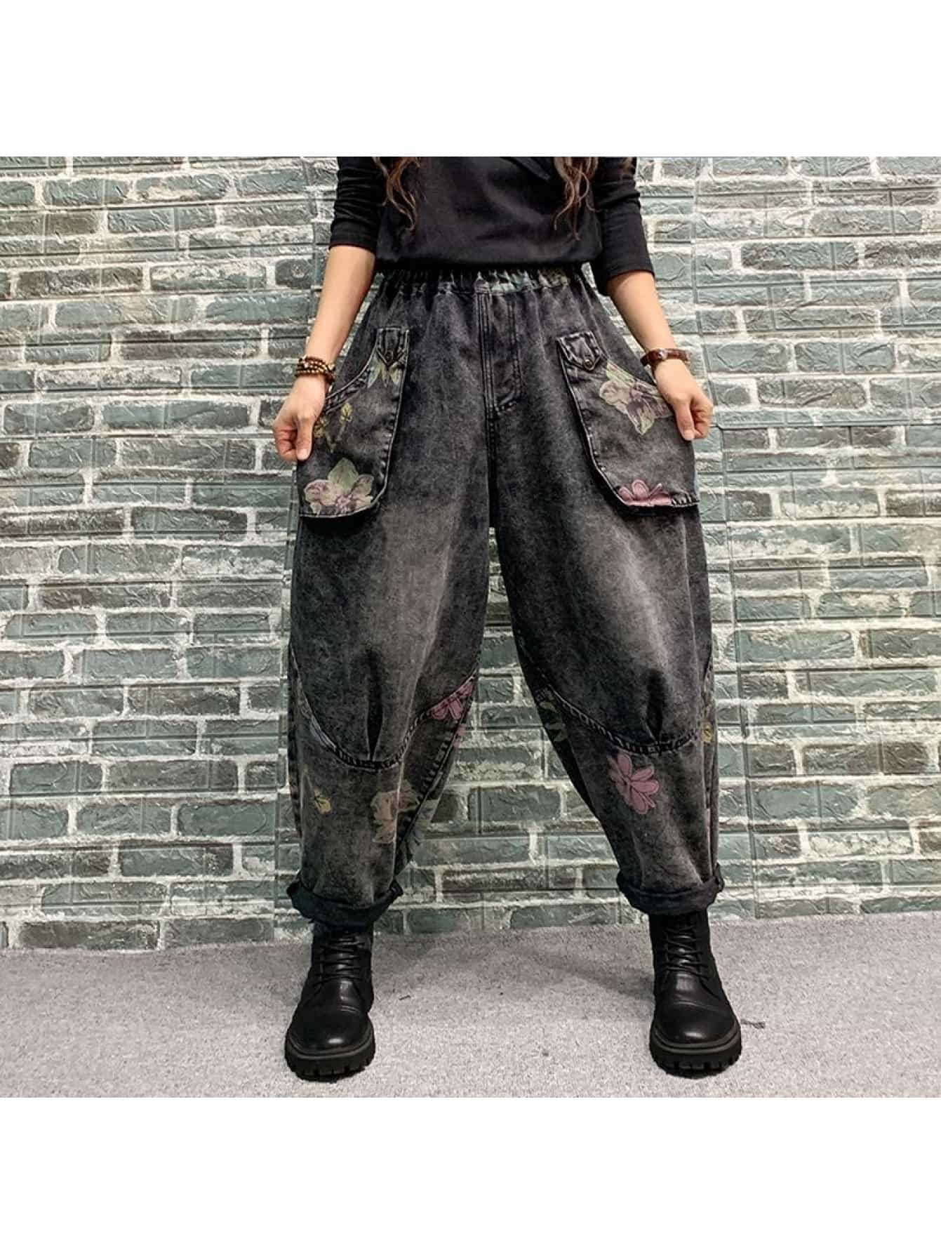 【2025春新作】デニムパンツ レディース プリント サルエルパンツ ヴィンテージ加工 ジーパン 大きいサイズ ゆったり 体型カバー ボトムス 秋 総柄 カジュアル