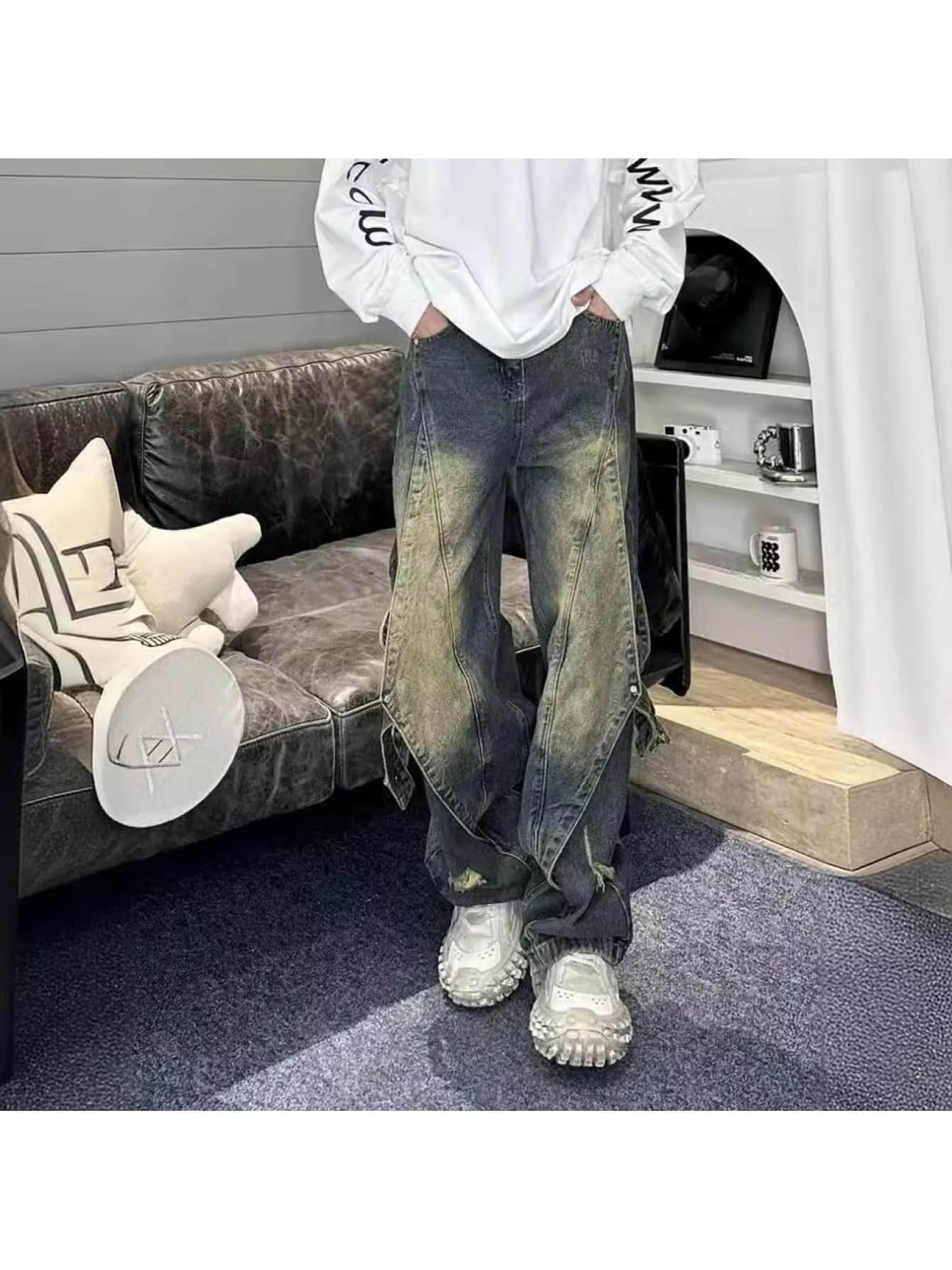 【重工デザイン】デニムパンツ メンズ ジーンズ ジーパン ワイドパンツ ストレート パッチワーク 切り替え ウォッシュ加工 ストリート系 カジュアル ボトムス ズボン 春物 新作