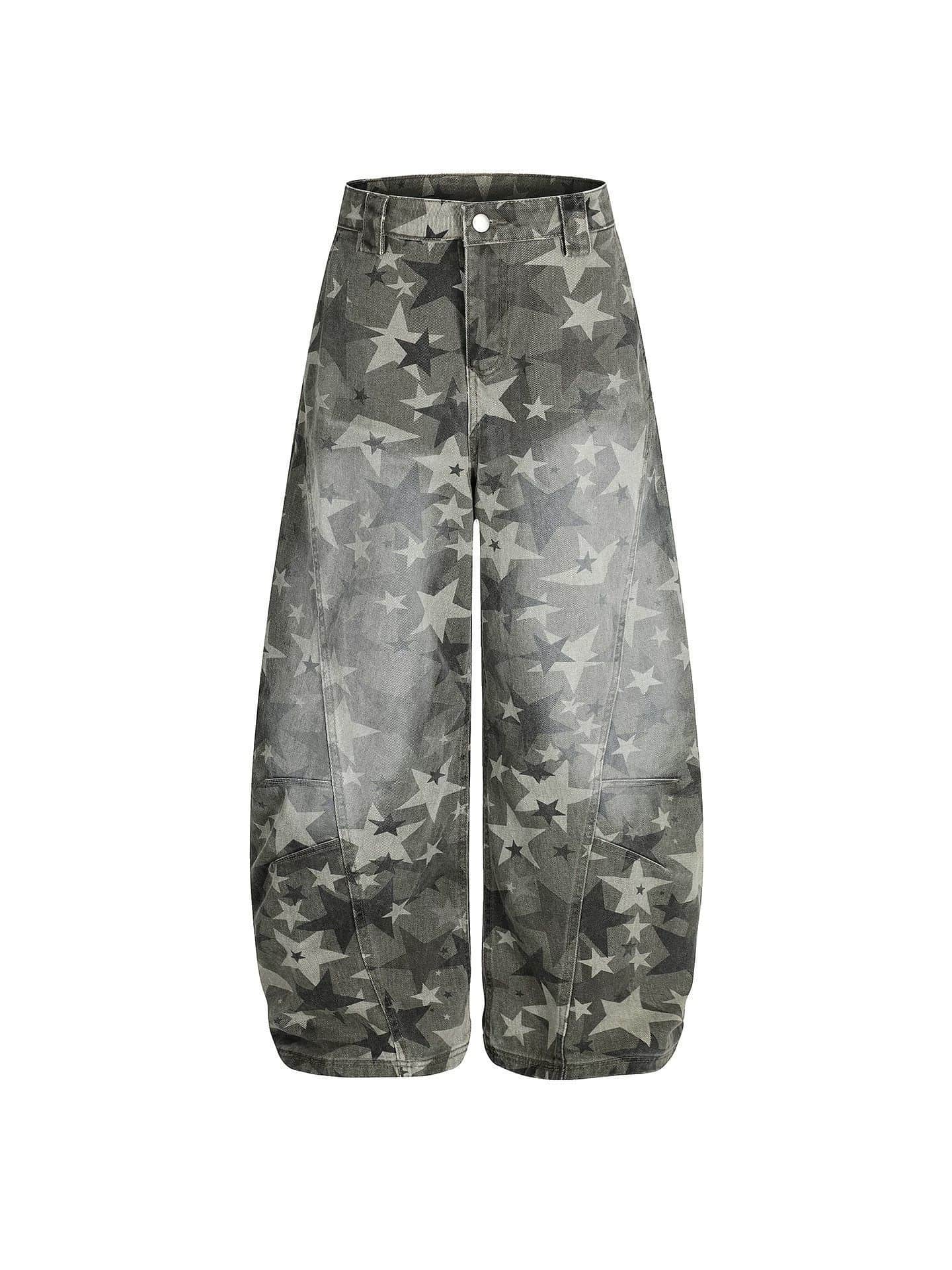 【星柄】デニムパンツ メンズ レディース ジーンズ ワイドパンツ バナナパンツ 星 ウォッシュ加工 ゆるめ ストリート系 ユニセックス ズボン ボトムス