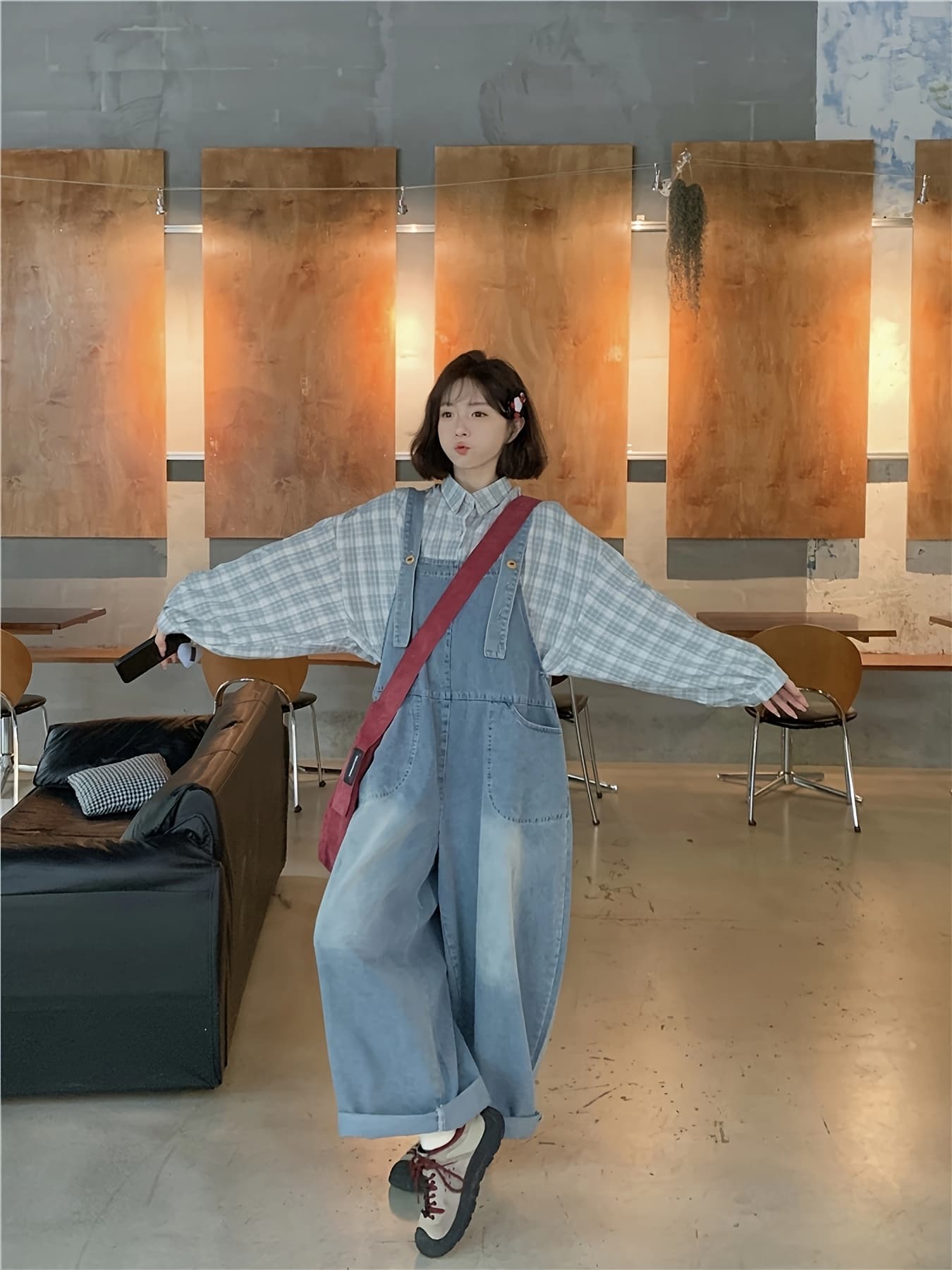 【2点セット】セットアップ レディース チェック柄 シャツ デニムスカート 膝丈 カジュアル 韓国 ファッション ゆったり 春 夏 OOTD 普段着 10代 20代 30代
