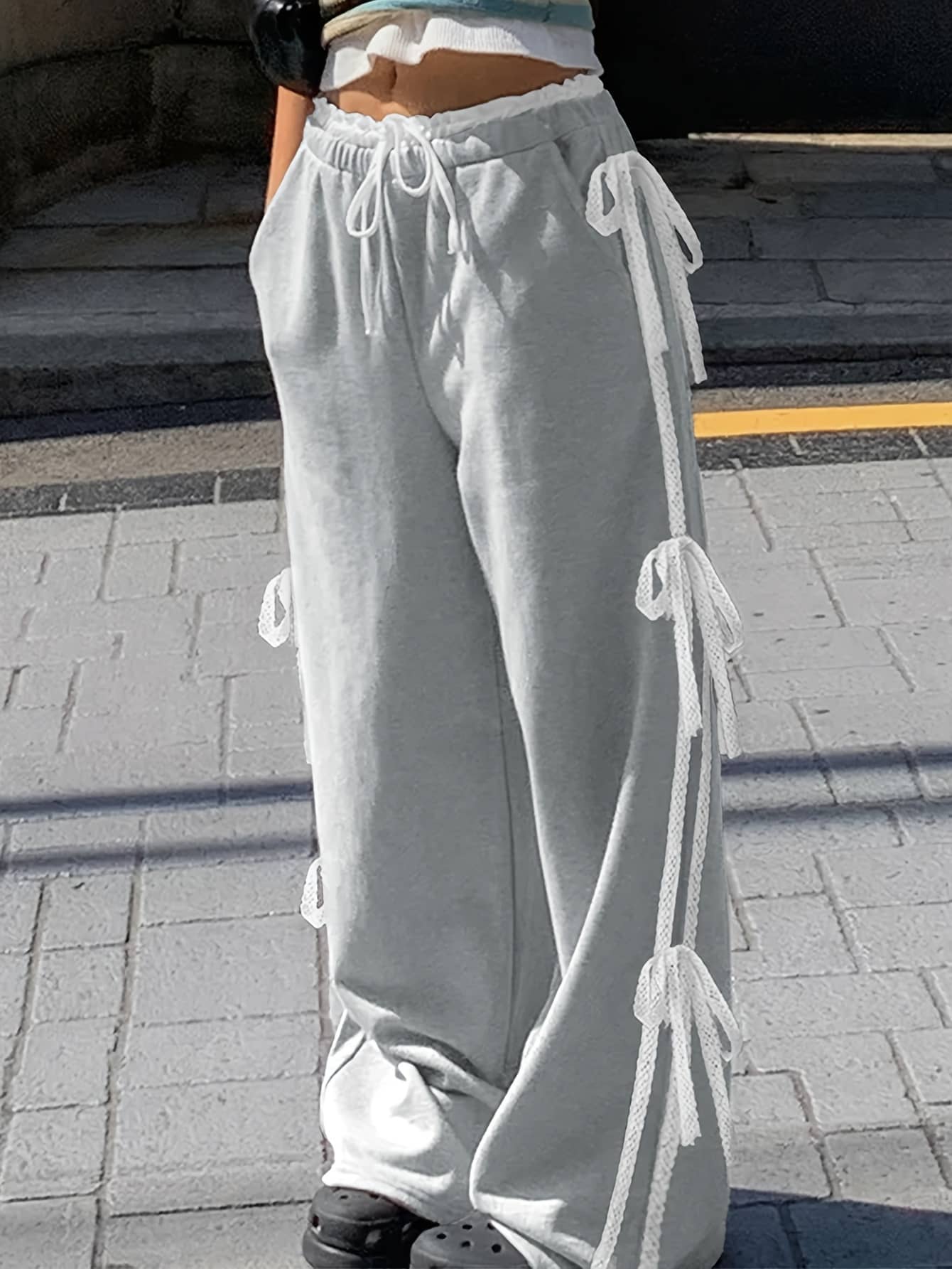 【レースデザイン】ワイドパンツ レディース サイドラインパンツ スウェット ズボン カジュアル ボトムス 春 夏 秋 ゆったり 部屋着 洗える おしゃれ 可愛い
