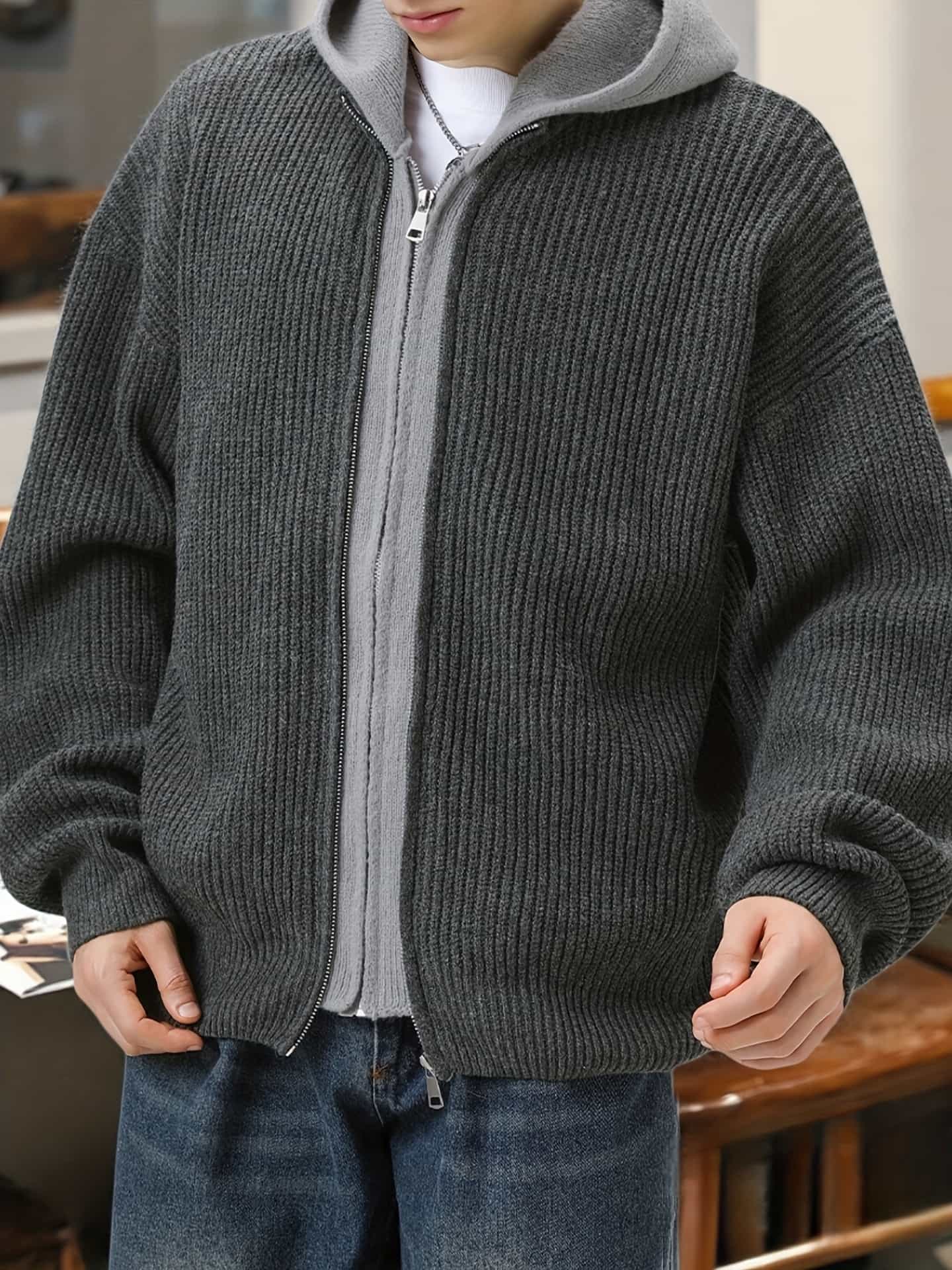 【レイヤード風】ニットカーディガン メンズ フード付き 重ね着風 裏起毛 暖かい 厚手 羽織り カジュアル 秋 冬 ニットパーカー フェイクレイヤード