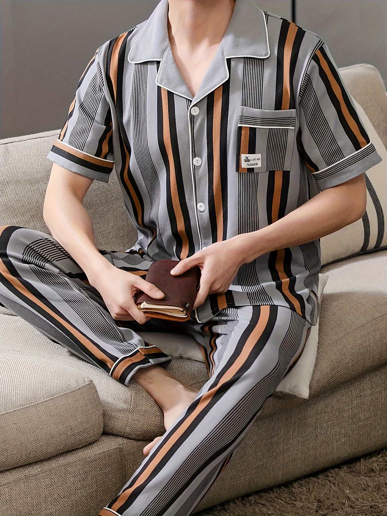 【綿100％】パジャマ メンズ 夏 半袖 長ズボン 上下セット ストライプ柄 襟付き 前開き ルームウェア 部屋着 薄手 涼しい コットン 快適