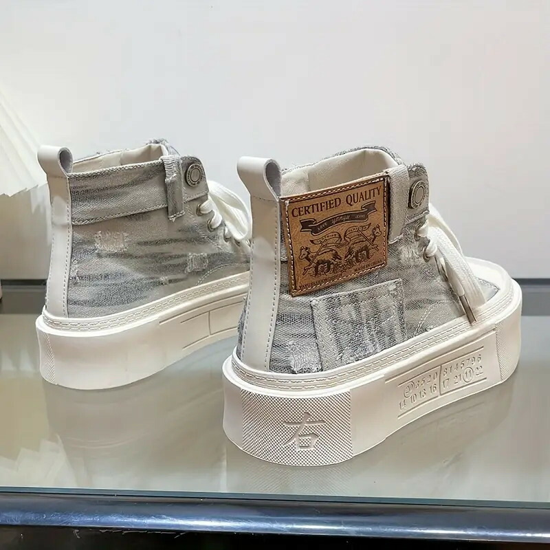 【厚底美脚】スニーカー レディース ハイカット 厚底スニーカー 厚底 ダメージ デニム風 キャンバス シューズ 靴 紐靴 レースアップ プラットフォーム ラウンドトゥ ヴィンテージ風 ユーズド加工 脚長効果 歩きやすい 疲れにくい 痛くない 通学 通勤 旅行 デート