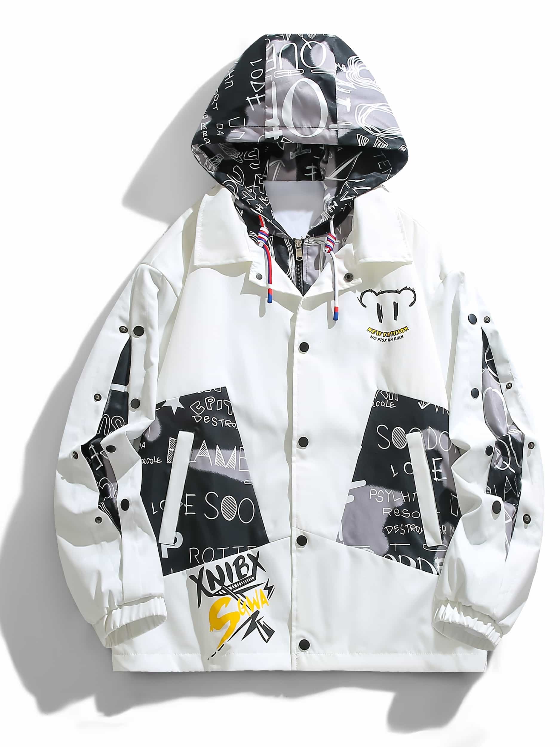 【フェイクレイヤード】 ジャケット メンズ パーカー 重ね着風 ブルゾン ジャンパー アウター ストリート ビッグシルエット オーバーサイズ カジュアル 英字 プリント 総柄 長袖 ゆったり 立ち襟 フード付き ライトアウター 秋服 冬服 春服 韓国 ファッション