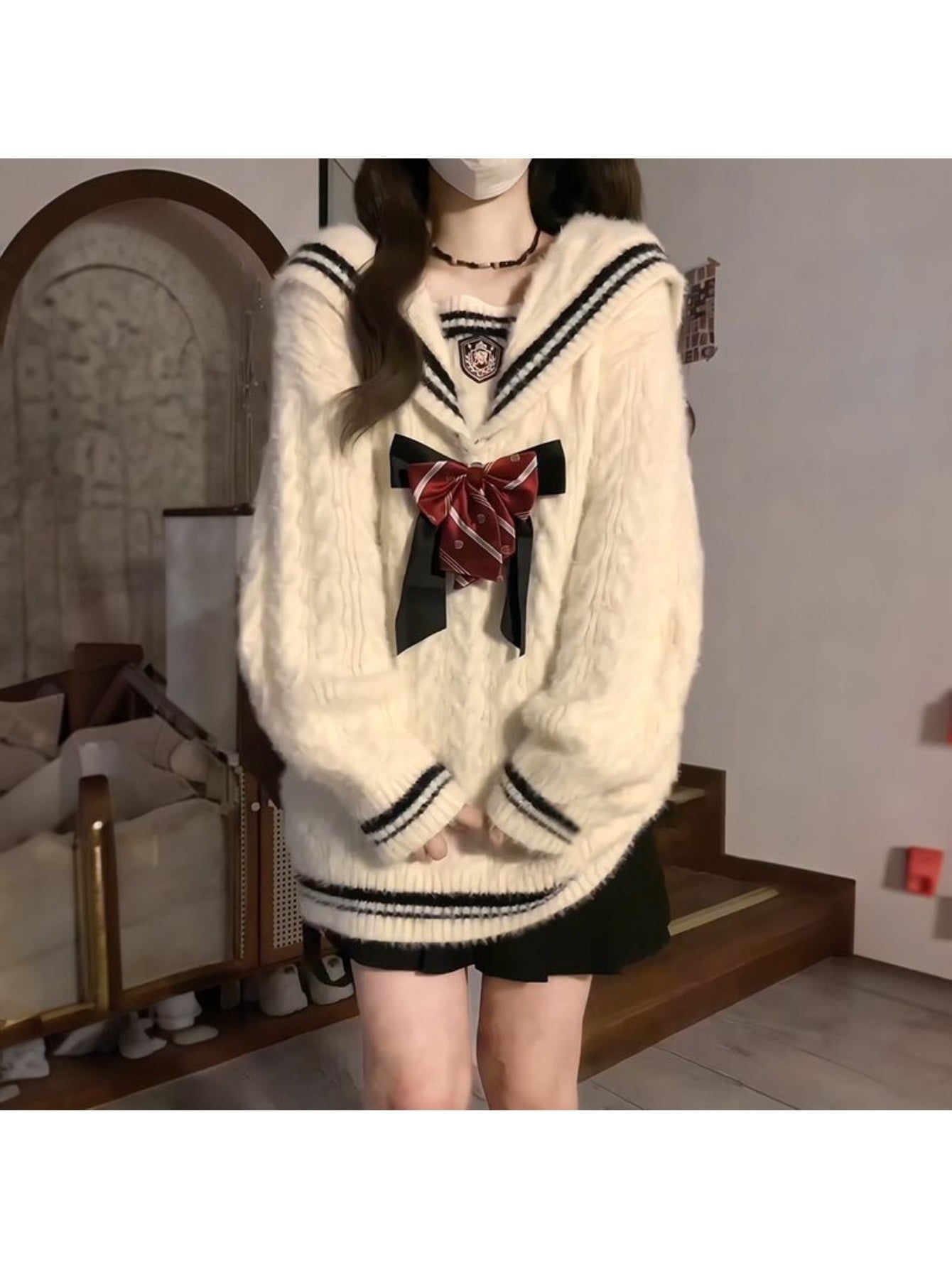 【スクール風】 セーラーカラー ニット セーター レディース 秋冬 リボン付き ゆったり 長袖 トップス 襟付き カジュアル 可愛い 2025新作 プルオーバー 着痩せ ネイビー