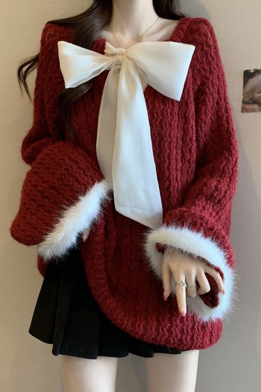 【華やか】ニット セーター レディース 赤 レッド リボン 大きめ ビッグシルエット チュニック丈 トップス 秋冬 厚手 ゆったり 大きいサイズ きれいめ 上品
