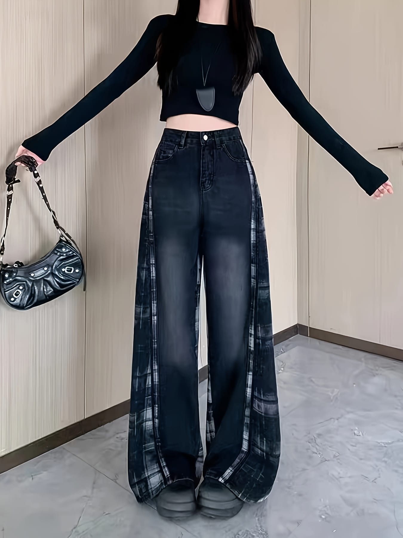 【チェック柄】パッチワーク デニム レディース フレアパンツ ベルボトム ジーンズ ハイウエスト ロング丈 ジーパン 着痩せ 脚長 カジュアル ストリート 春 秋