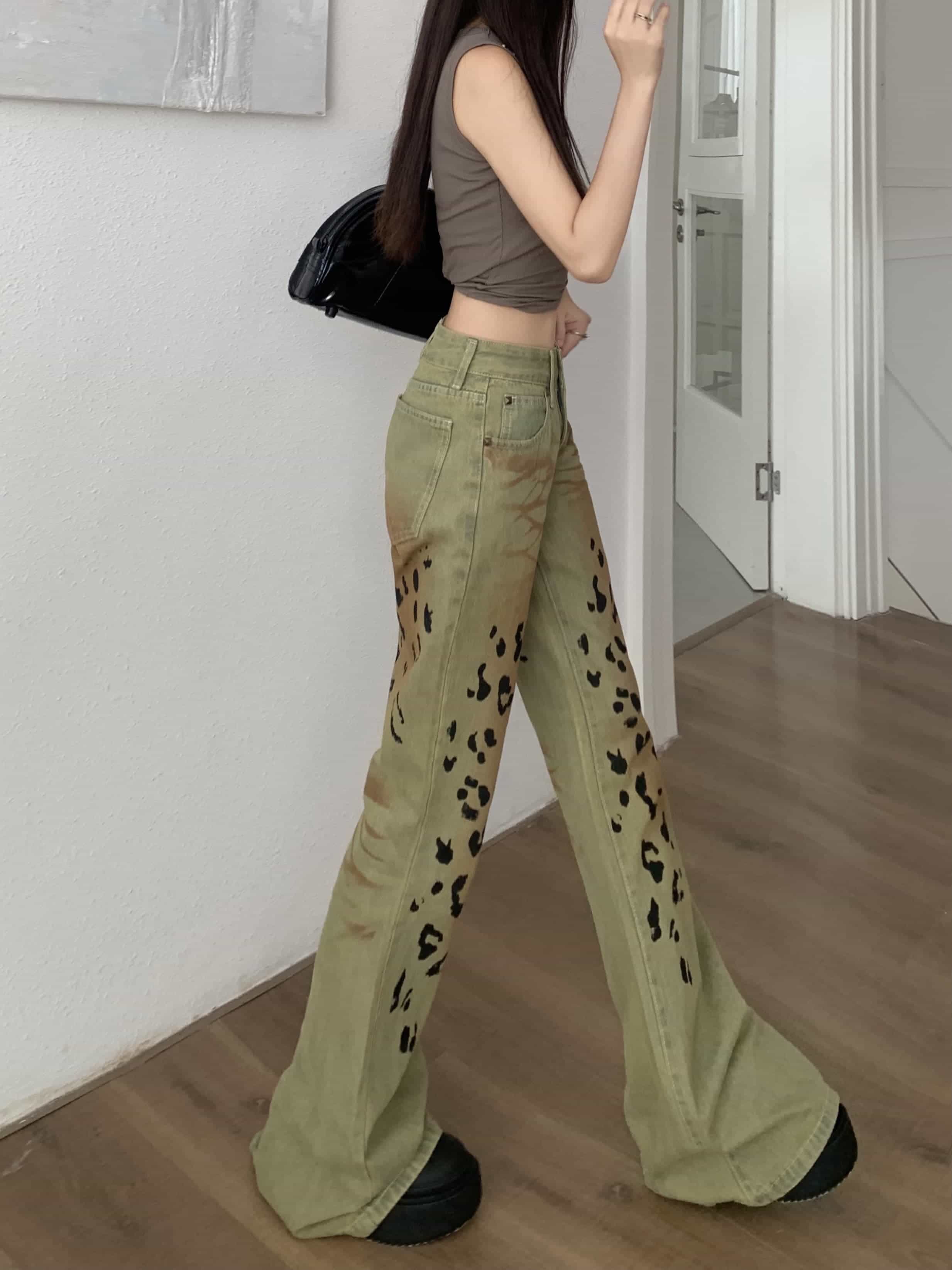 レオパード柄 デニムパンツ レディース ヒョウ柄 ジーンズ ジーパン ローウエスト ワイドパンツ ストレート ゆるパン カジュアル アニマル柄 2025 春秋 ボトムス