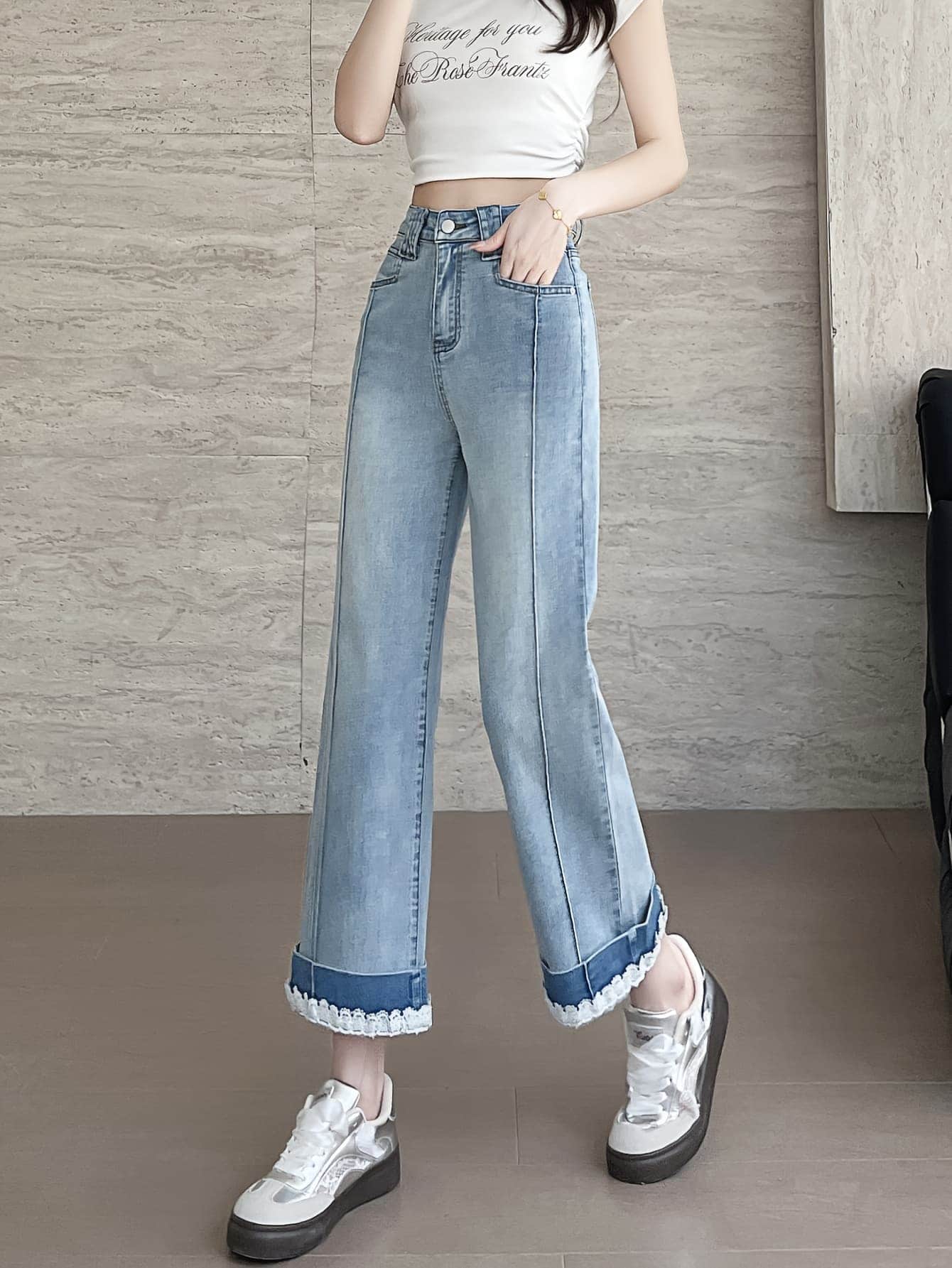 【配色レース】デニム パンツ レディース ハイウエスト ストレート ジーンズ ジーパン フリル レース 切替 カジュアル ボトムス Aライン風 お洒落 大人可愛い 春 夏 秋