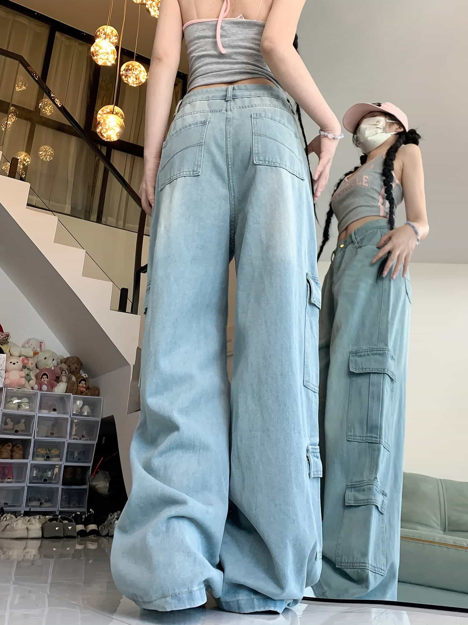 【カーゴパンツ】デニム レディース ワイド ストレート ジーンズ 多ポケット ワークパンツ ジーパン ボトムス ヴィンテージ風 ウォッシュ加工 綿100％ ストリート