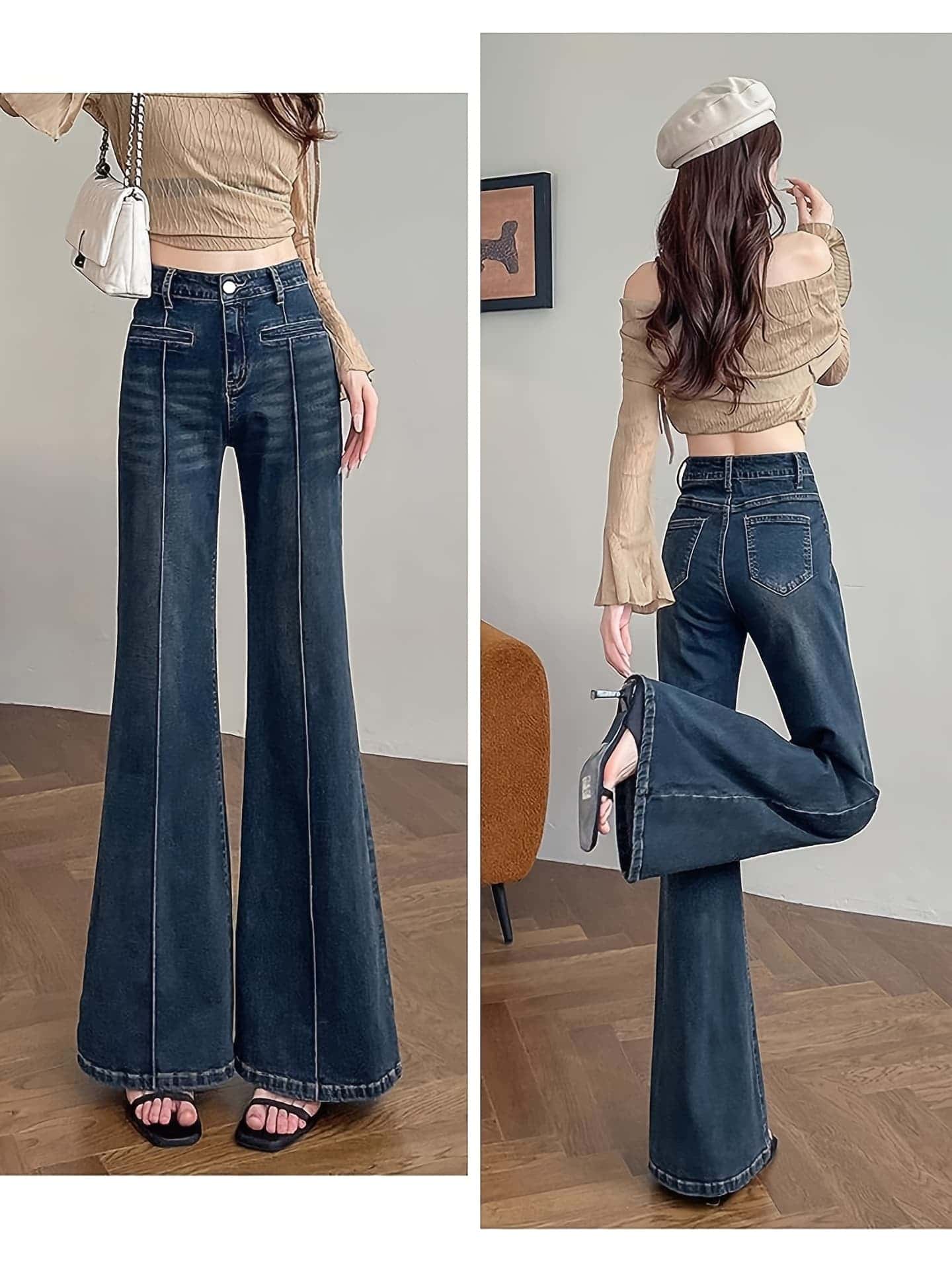 フレアデニム パンツ レディース ハイウエスト ベルボトム ブーツカット ロング丈 ジーンズ ジーパン ストレッチ カジュアル レトロ 脚? 美脚