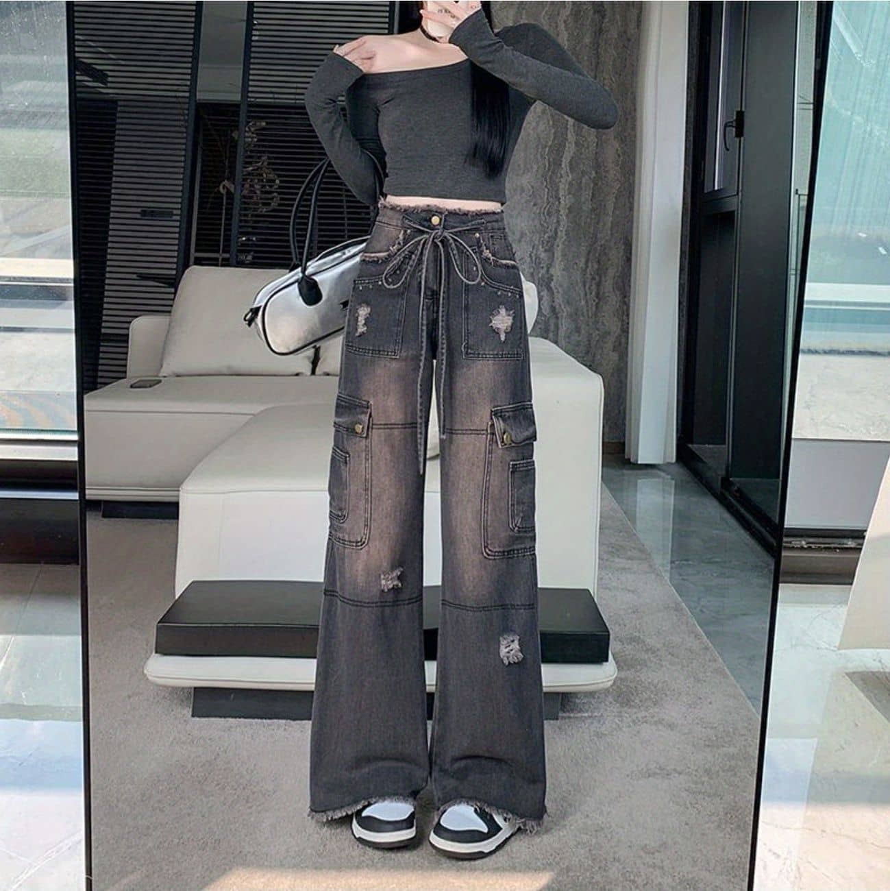 カーゴパンツ デニム レディース ワイドパンツ ダメージ ジーンズ ハイウエスト ストリート Y2K ワークパンツ クラッシュ デニムパンツ サイドポケット ウエスト紐 リボン 裾フリンジ ジーパン Gパン ボトムス ゆったり 体型カバー 脚長 美脚 着痩せ 細見え 韓国風