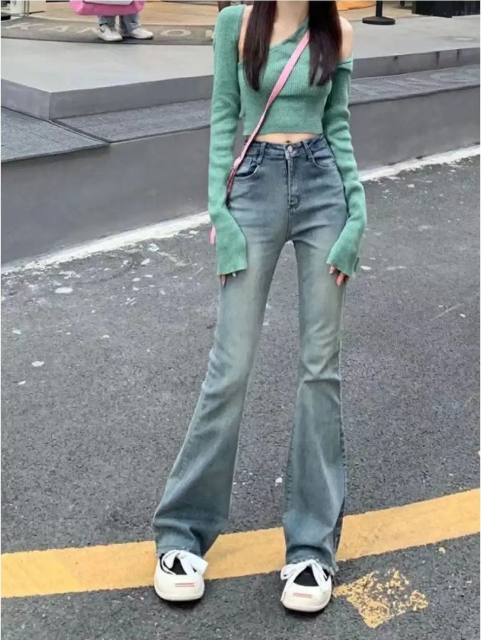 【美脚脚長】デニムパンツレディースジーンズブーツカットハイウエストジーパンズボンベルボトムストレッチ伸縮性伸びるスリムボトムスロング丈ユーズド風ヴィンテージ風ウォッシュ加工着痩せ細見え体型カバーお洒落大人可愛い韓国ファッションきれいめカジュアルオフィ