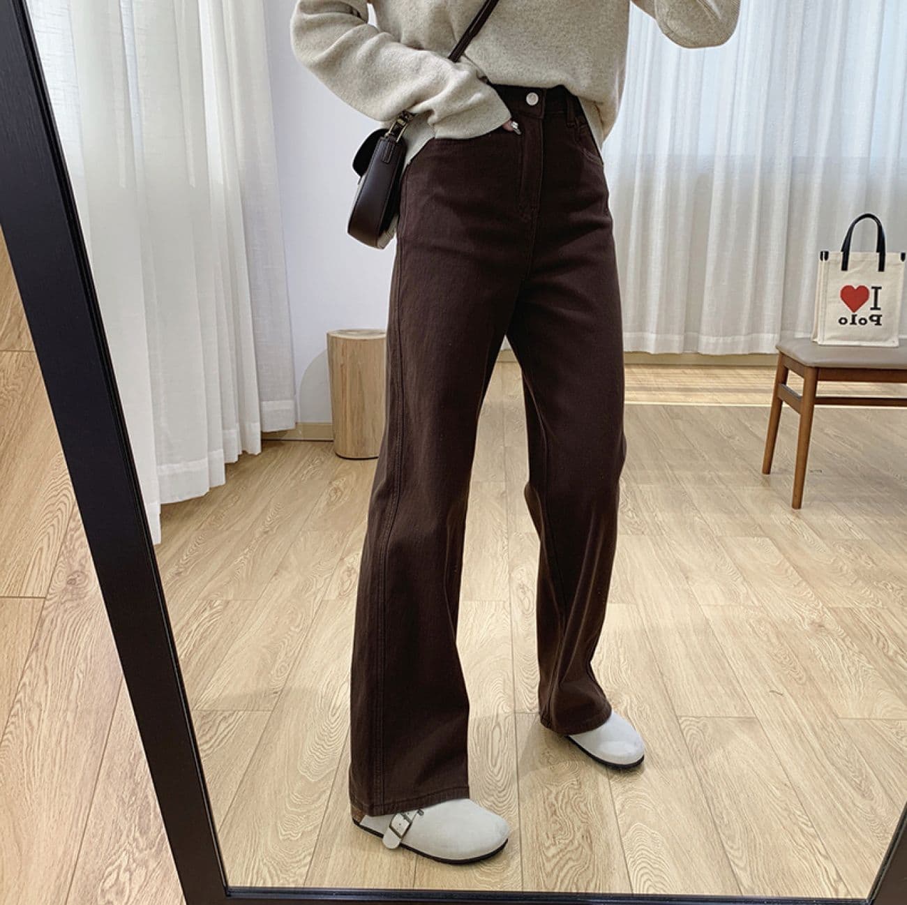 【裏起毛】ワイドパンツ レディース 秋冬 ハイウエスト デニムパンツ ストレートパンツ 暖か ジーンズ ジーパン Gパン ボトムス ズボン 長ズボン ゆったり 美脚 脚長 着痩せ 体型カバー ブラウン コーヒー 茶色 オフィス 通勤 OL 20代 30代 40代 ママコーデ 楽ちん