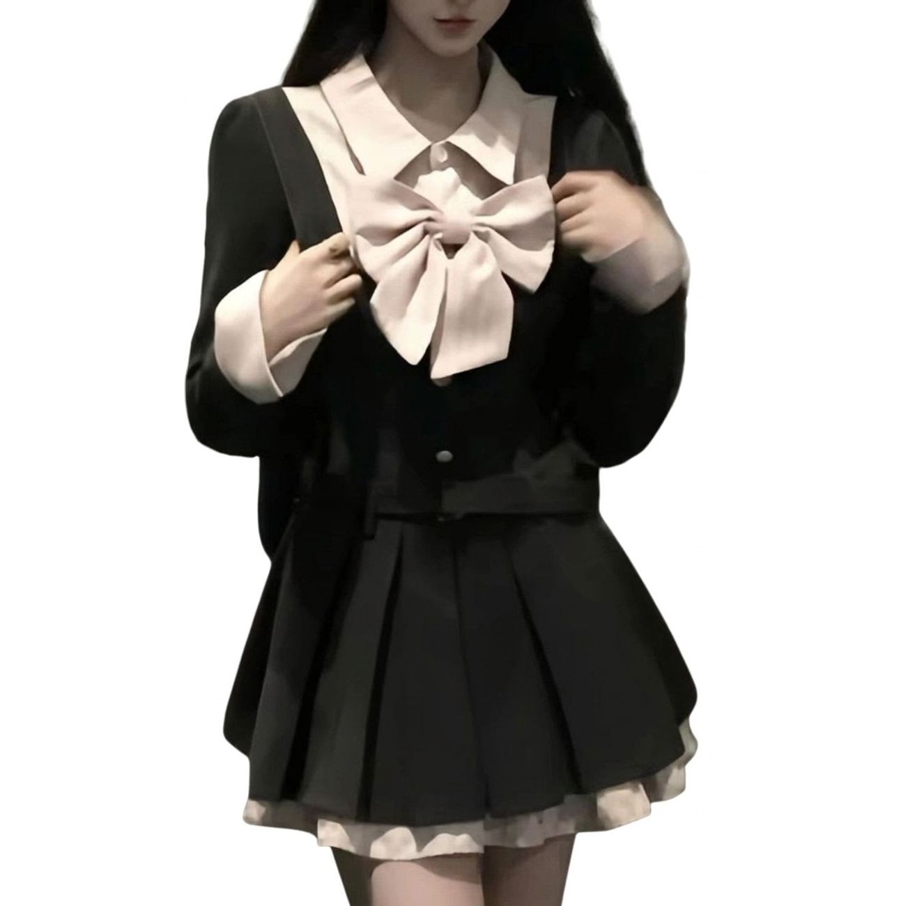 【地雷系】ワンピース 量産型 襟付き ビッグリボン プリーツ ミニ丈 制服風 長袖 重ね着風 レイヤード風 体型カバー 着痩せ 細見え 脚長 華奢見え 小顔 可愛い ガーリー 病み可愛い 甘め コンカフェ 推し活 デート 通学 秋冬 10代 韓国 黒