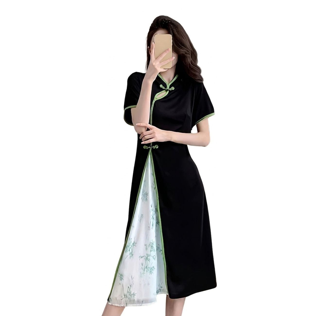 【大人モダン】 チャイナドレス 改良型 ワンピース チャイナ服 レディース 半袖 ミモレ丈 ロング 異素材 切り替え 竹柄 スタンドカラー 立ち襟 チャイナボタン Aライン 体型カバー 着痩せ 細見え ゆったり 大きいサイズ きれいめ レトロ 結婚式 二次会 お呼ばれ