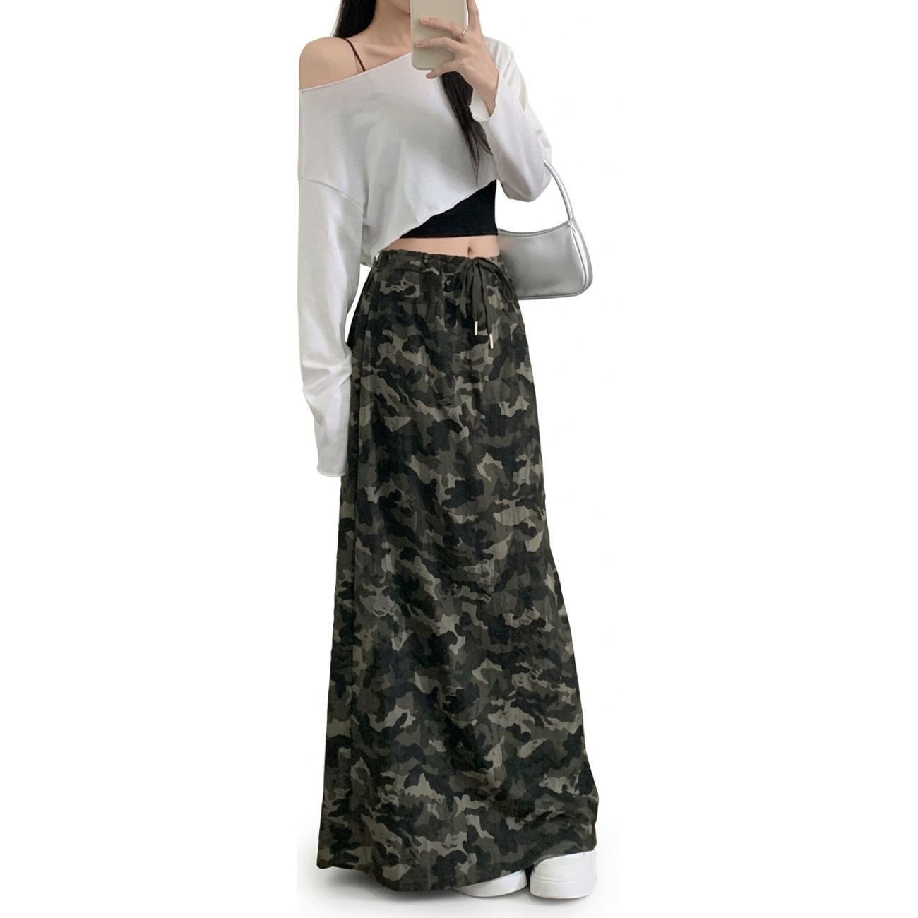 ロングスカート 迷彩 レディース マキシ丈 カモフラ ミリタリー Aライン ストリート系 Y2K 韓国 ファッション アメカジ ドロスト ウエストゴム 紐 調整可能 ハイウエスト スリット入り 体型カバー 着痩せ 脚長 美脚 楽ちん カジュアル ダンス 衣装 フェス アウトドア