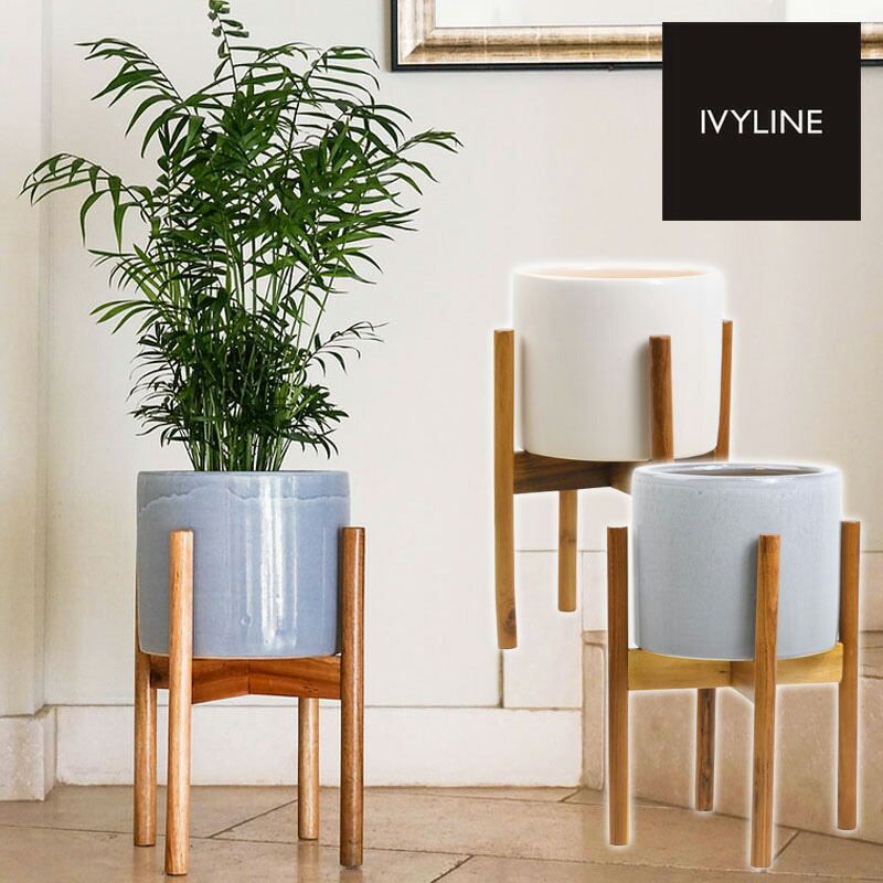 IVYLINE ナチュラル 鉢 カバー ウッドスタンド付き 室内用 ホワイト グレー 観葉植物｜ブロッサムガーデン