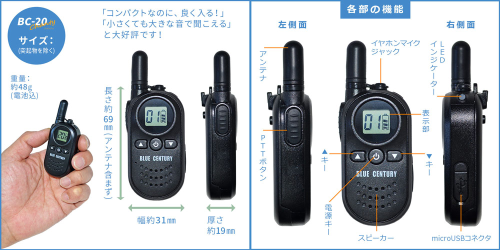 【送料無料・当店限定商品】BlueCenturyブルーセンチュリー特定小電力トランシーバーBC-20Chanty(シャンティ)超小型2台セット/充電器・ベルトクリップ等付属【1年保証あり】