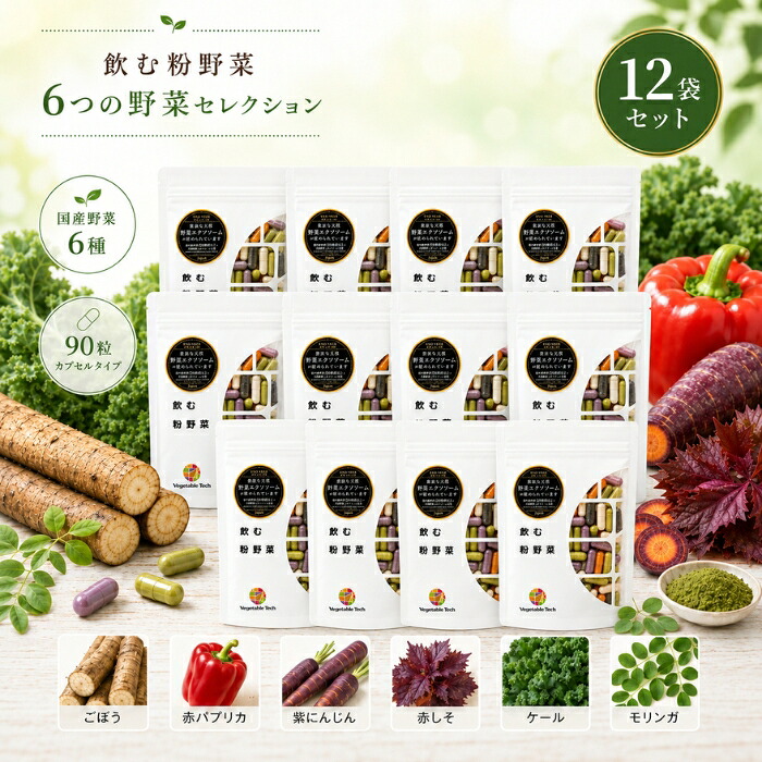 飲む粉野菜 6つの野菜セレクション 90粒 &times;12個セット │ ベジタブルテック 野菜パウダー サプリ 国産100％ 野菜不足 カプセル 粉末 国産野菜 6種 モリンガ ケール ごぼう 食物繊維 妊｜健康雑貨のお店「blue horizon」