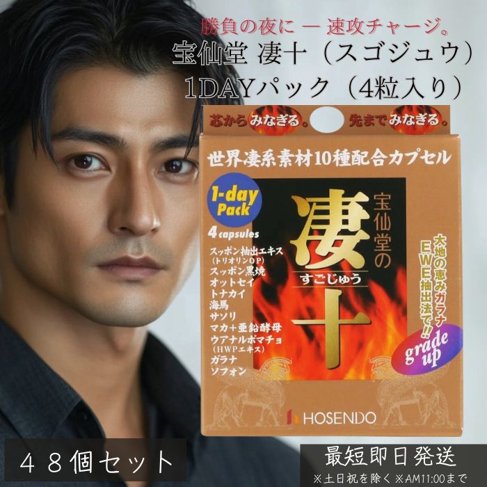 宝仙堂 凄十 スゴジュウ 1dayパック 4粒入 ×48個セット │ 活力サプリ 精力サポート 滋養強壮 栄養補給 高麗人参 すっぽん 牡蠣 エゾウコギ アミノ酸 元気 男性用サプリ エナジー 日本製 栄養機能食品 正規品 9,086円