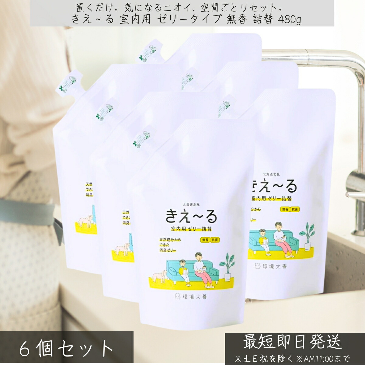きえ～る 室内用 ゼリータイプ 無香 詰替 480g ×6個セット │ 消臭剤 詰め替え用 倒れてもこぼれにくい 無香料タイプ リビング トイレ ペット ニオイ対策 置くだけ簡単 生活空間を快適に