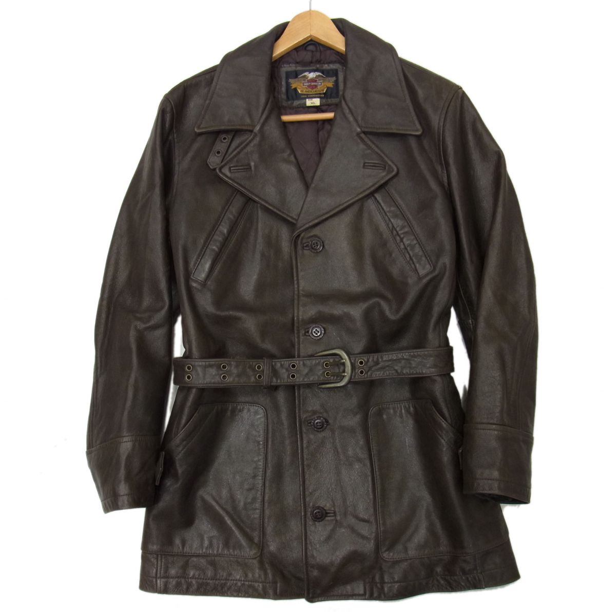 【中古】☆Harley Davidson レザートレンチコート 牛革 大きめサイズ XL ベルト付き レザーコート メンズ