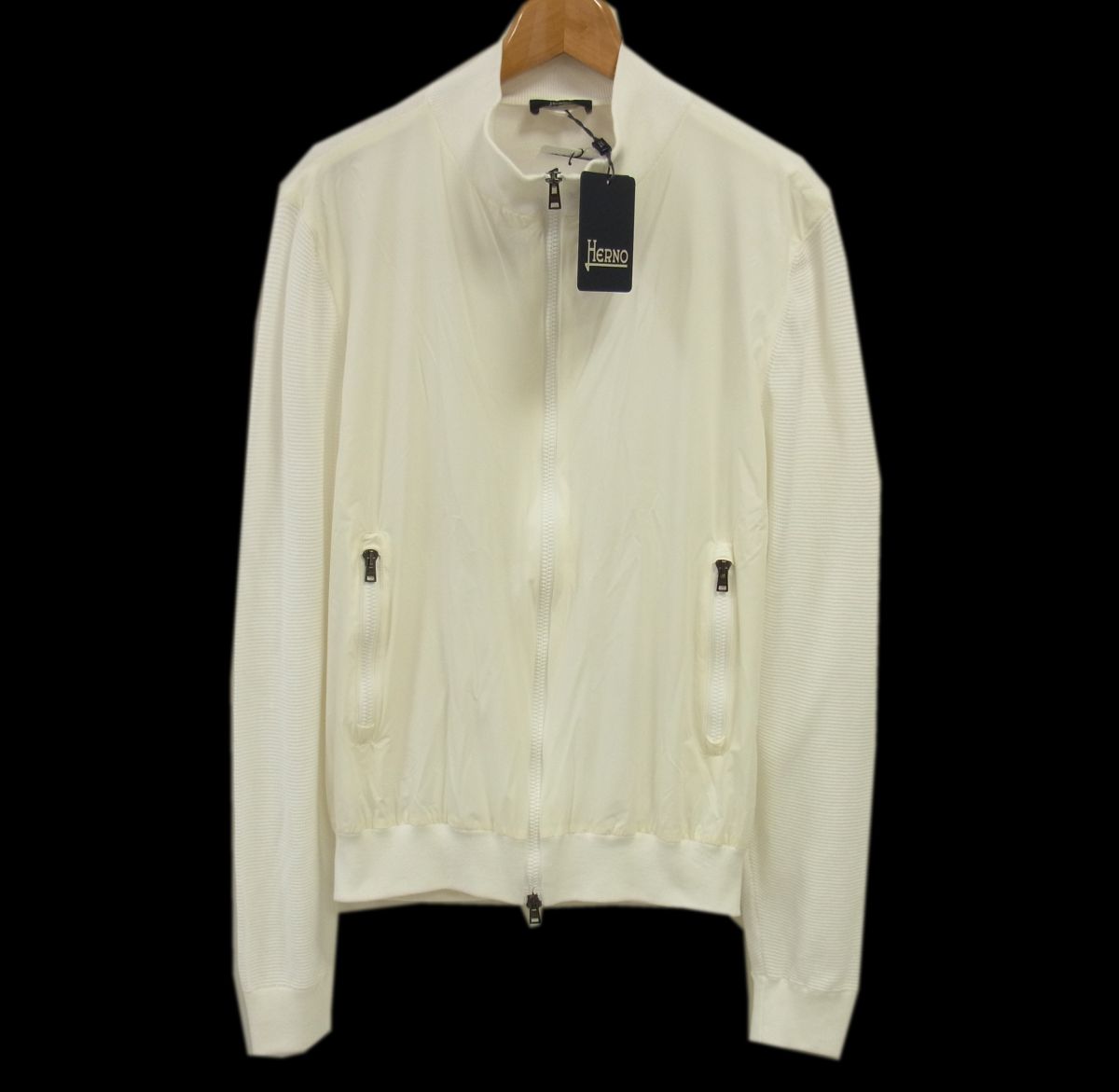 【未使用】 ◇HERNO 24SS ハイブリットブルゾン 超軽量 ストレッチ ナイロン コットンニット 切替 オフホワイト ヘルノイタリア製