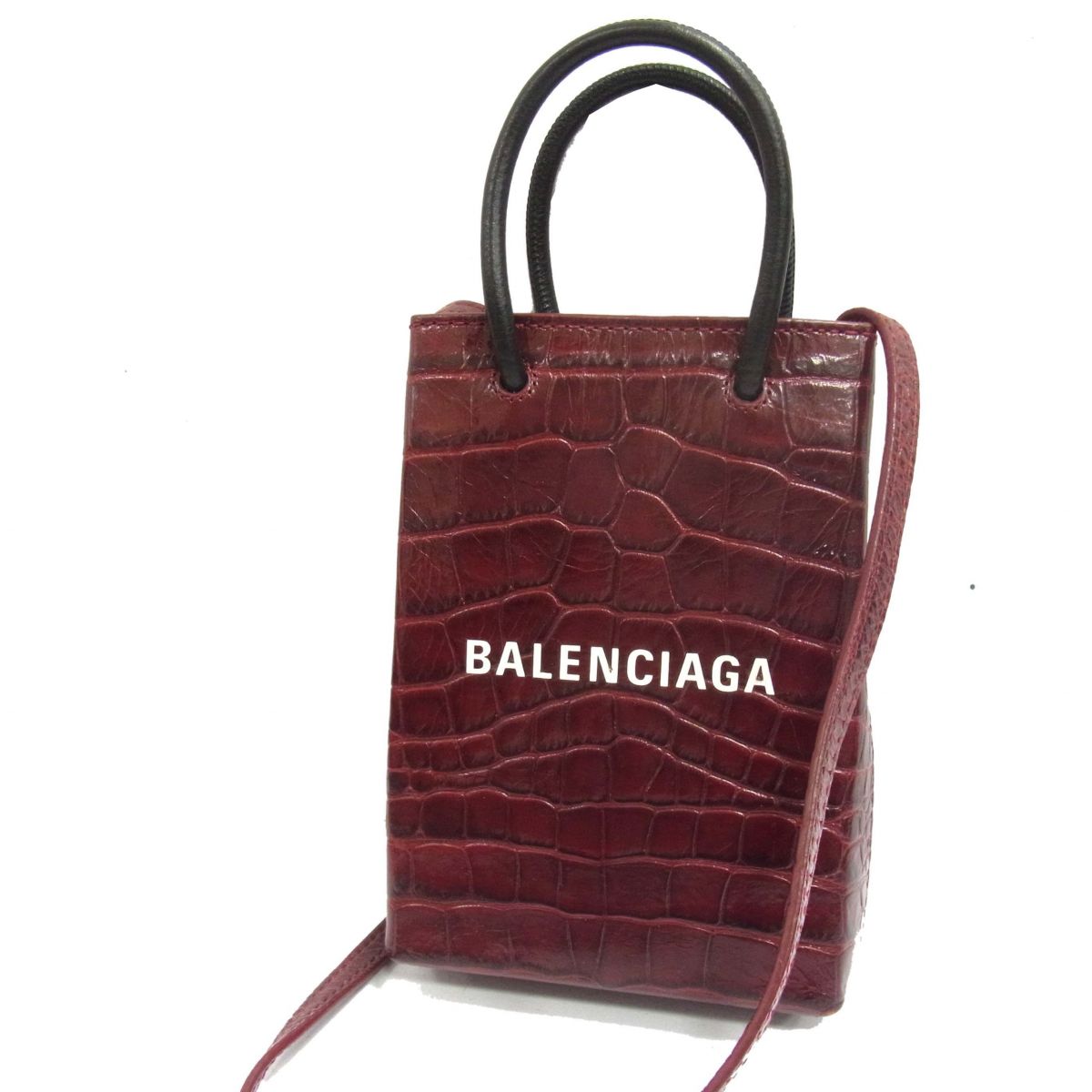 【中古】☆BALENCIAGA ロゴ ミニショッピングバッグ フォンホルダー クロコ型押し ハンドバッグ ショルダーバッグ 2WAY イタリア製|ユーズドセレクトショップ BLUE