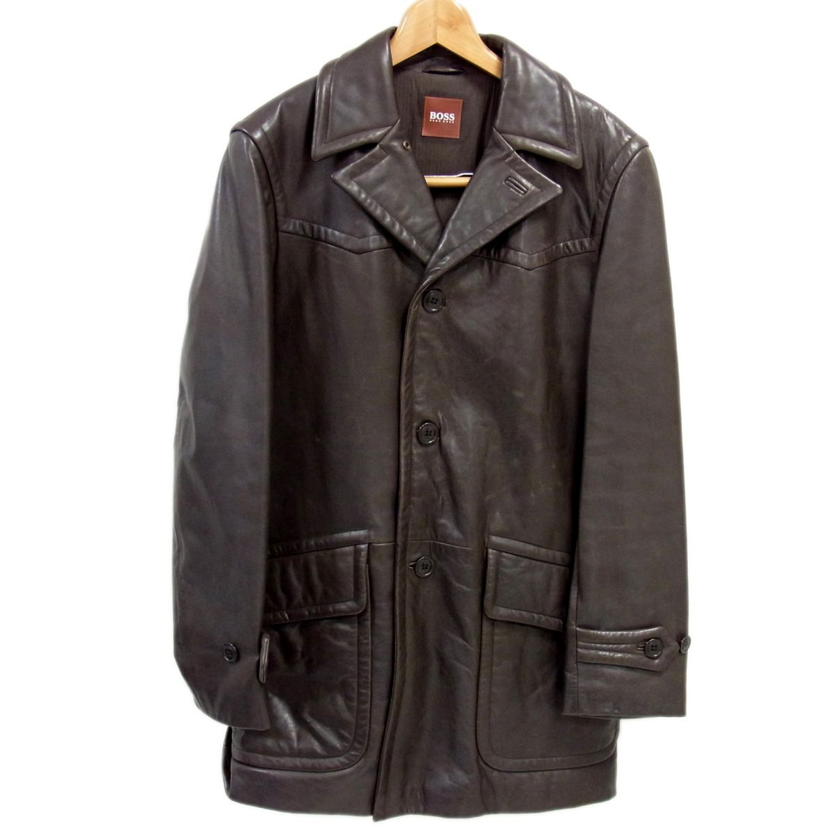 【中古】羊革◇HUGO BOSS ラムレザー チェスターコート ダークブラウン ヒューゴボス メンズ