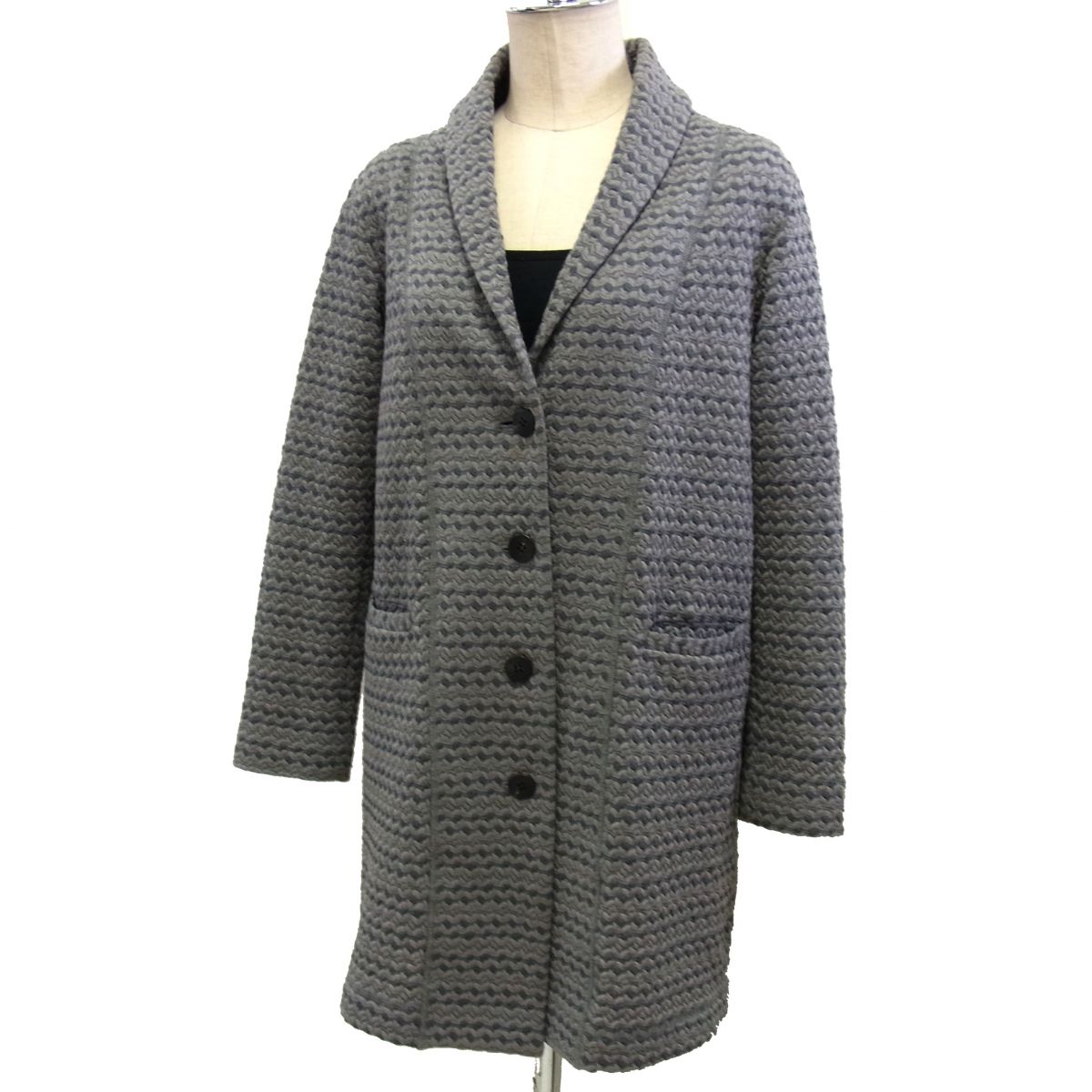 【中古】☆ISSEY MIYAKE HaaT スプリングコート テクスチャー織り レディース 日本製 総柄 イッセイミヤケ ストレッチ 春物