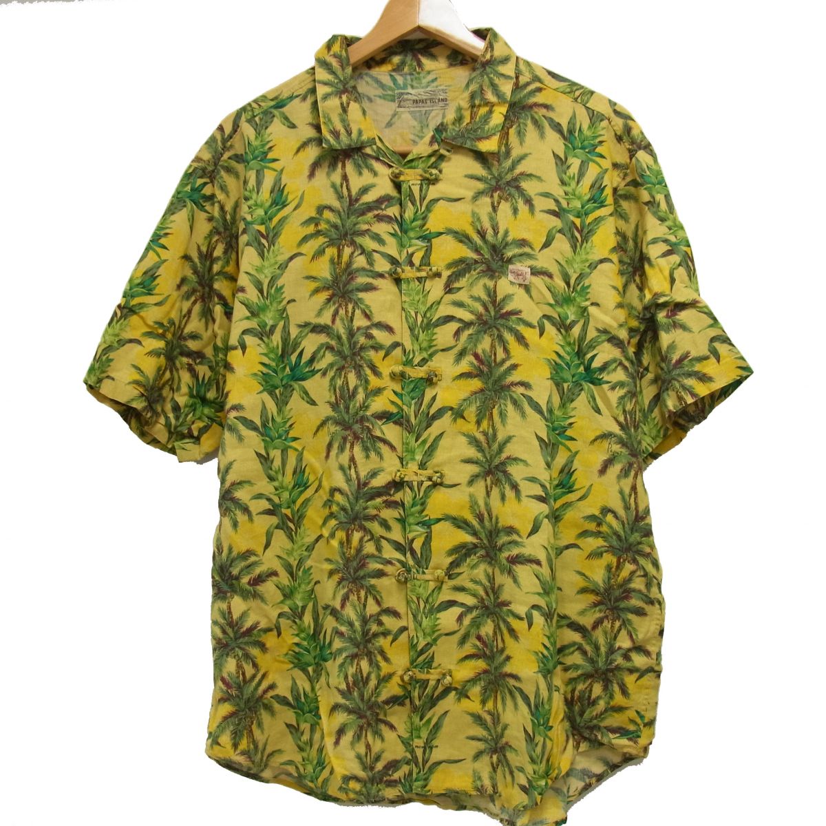 【中古】美品☆Papas パ通行手形 リネン 瀬戸もの名取り草 アロハシャツ 椰子科の木 総柄 半袖プルオーバー 麻100％ メンズ 夏物 日本製 間借り人行動様式