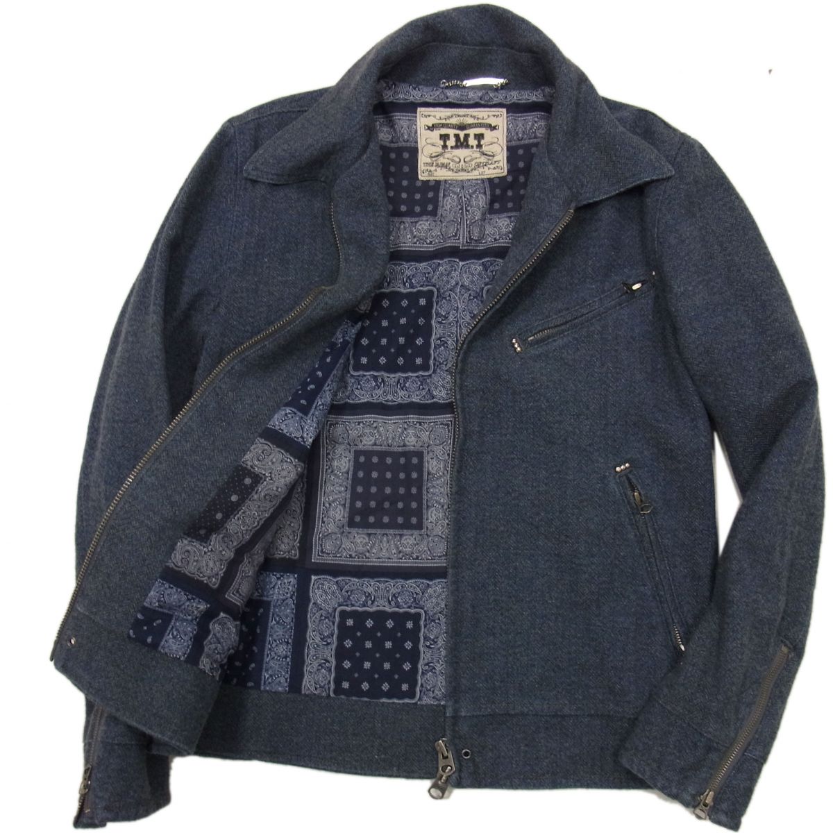 【中古】美品☆TMT ティーエムティー ヘリンボーン ライダースジャケット ジップジャケット メンズ バンダナ柄裏地 日本製
