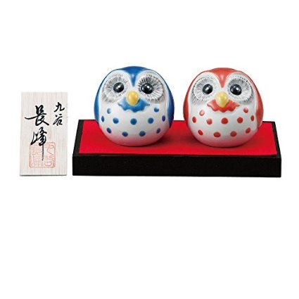 【九谷焼】　2号ペアふくろう　和釉紺青・和釉赤　台・敷物・立札付